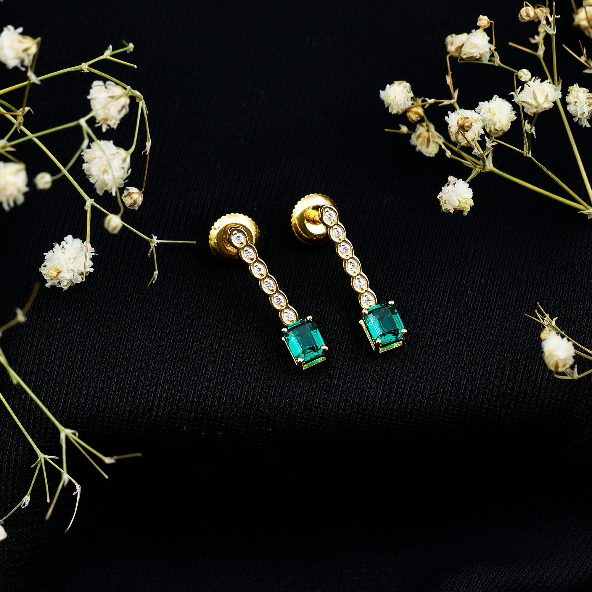 Antique Looking Lab Grown Emerald and Diamond Dangle Drop Earrings AAAA 14K Yellow Gold Plated Silver - Rosec Jewels