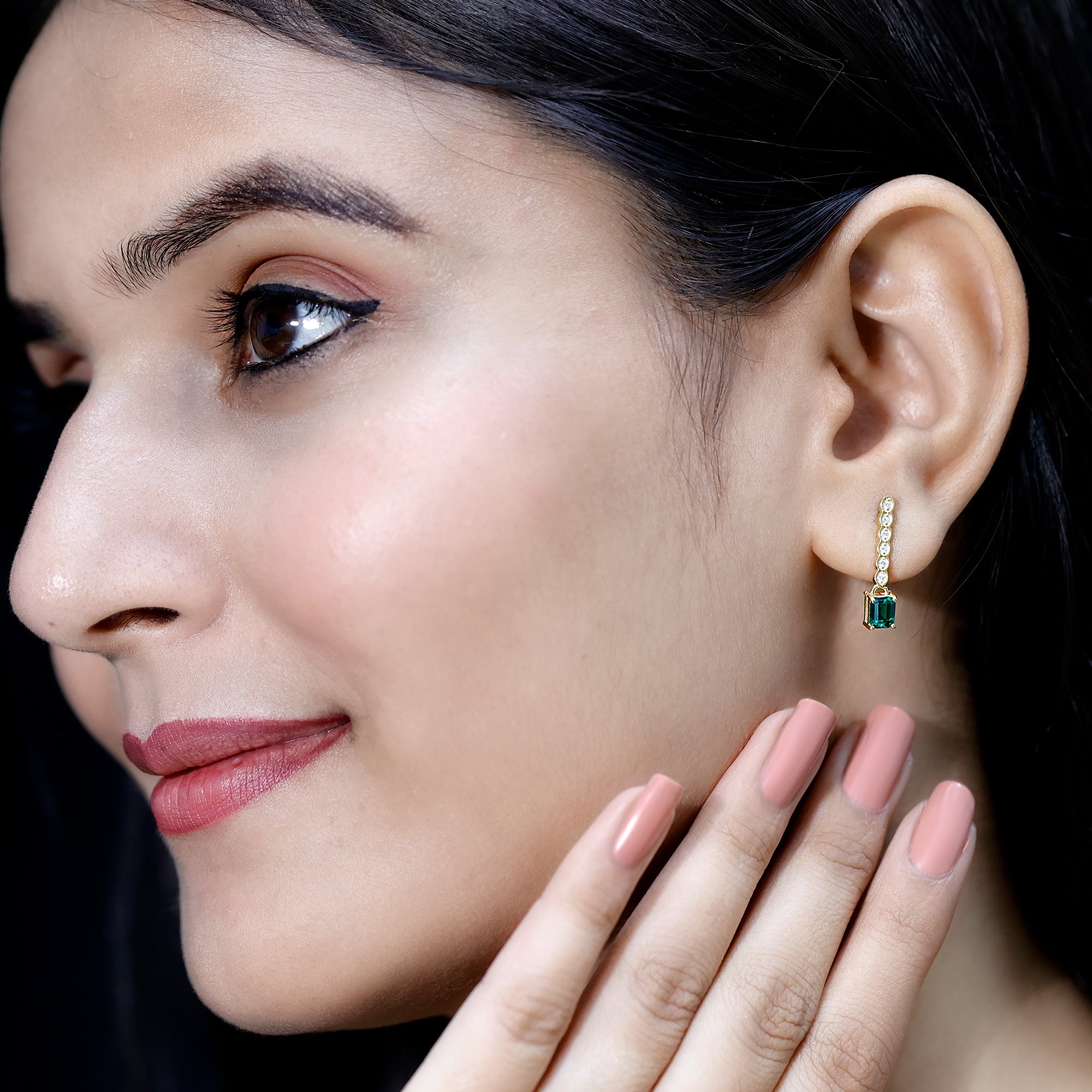 Antique Looking Lab Grown Emerald and Diamond Dangle Drop Earrings AAAA 14K Yellow Gold Plated Silver - Rosec Jewels