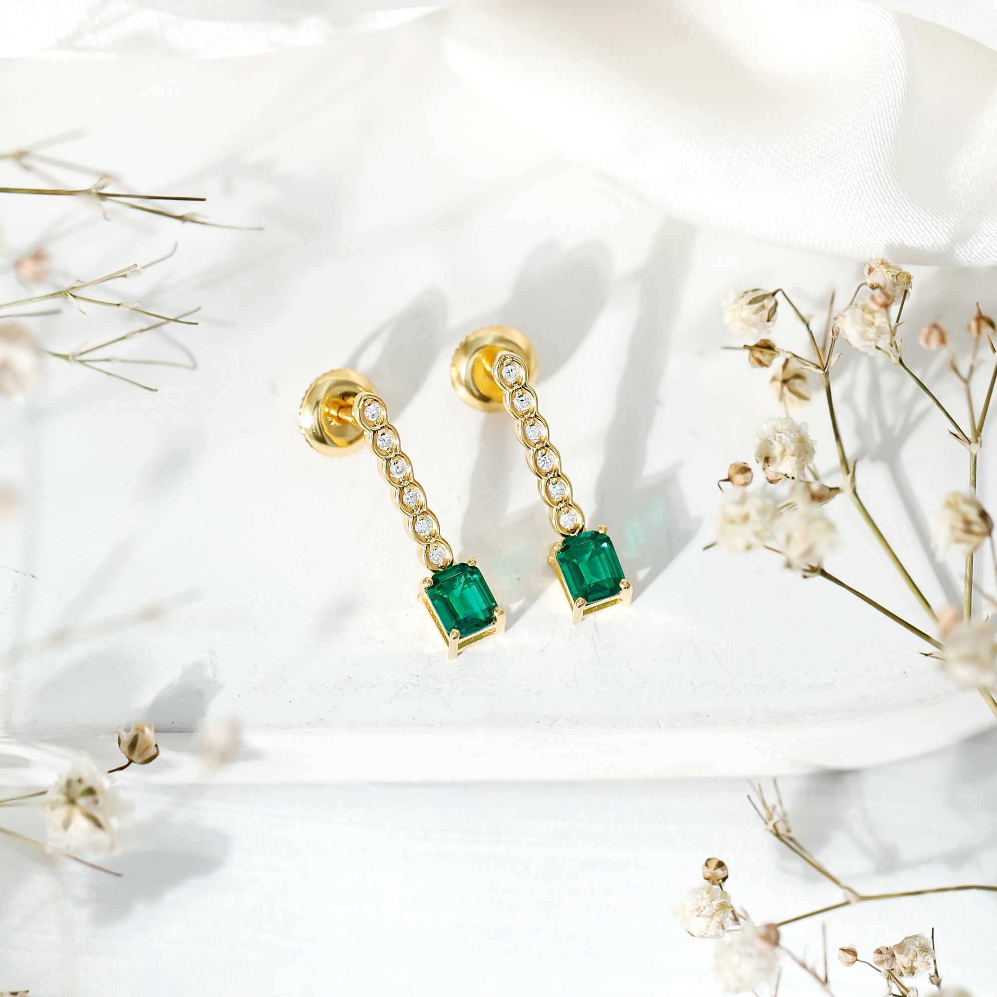 Antique Looking Lab Grown Emerald and Diamond Dangle Drop Earrings AAAA 14K Yellow Gold Plated Silver - Rosec Jewels