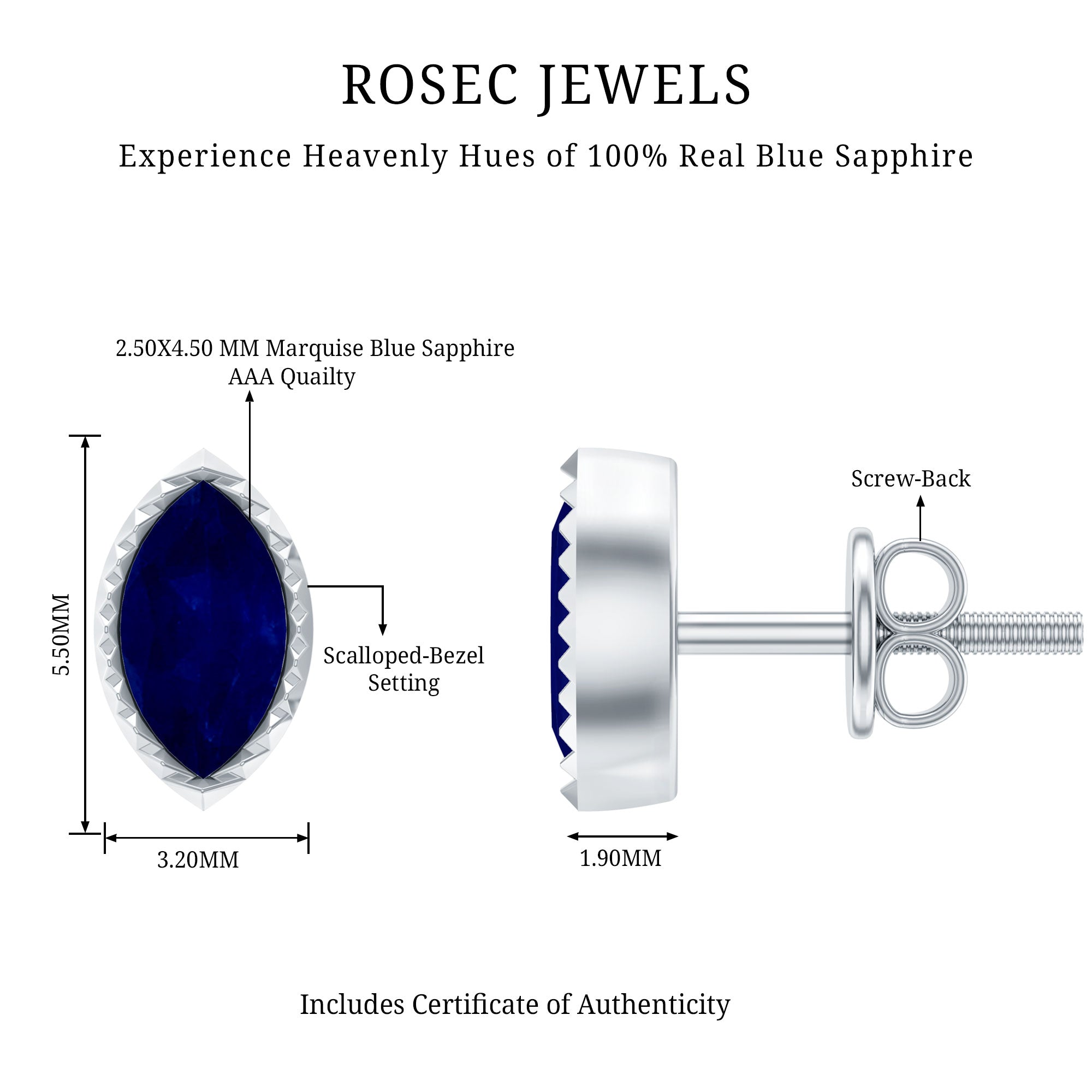 Natural 0.3 Carat Marquise Cut Blue Sapphire Earrings in Silver AAA 92.5 Sterling Silver - Rosec Jewels