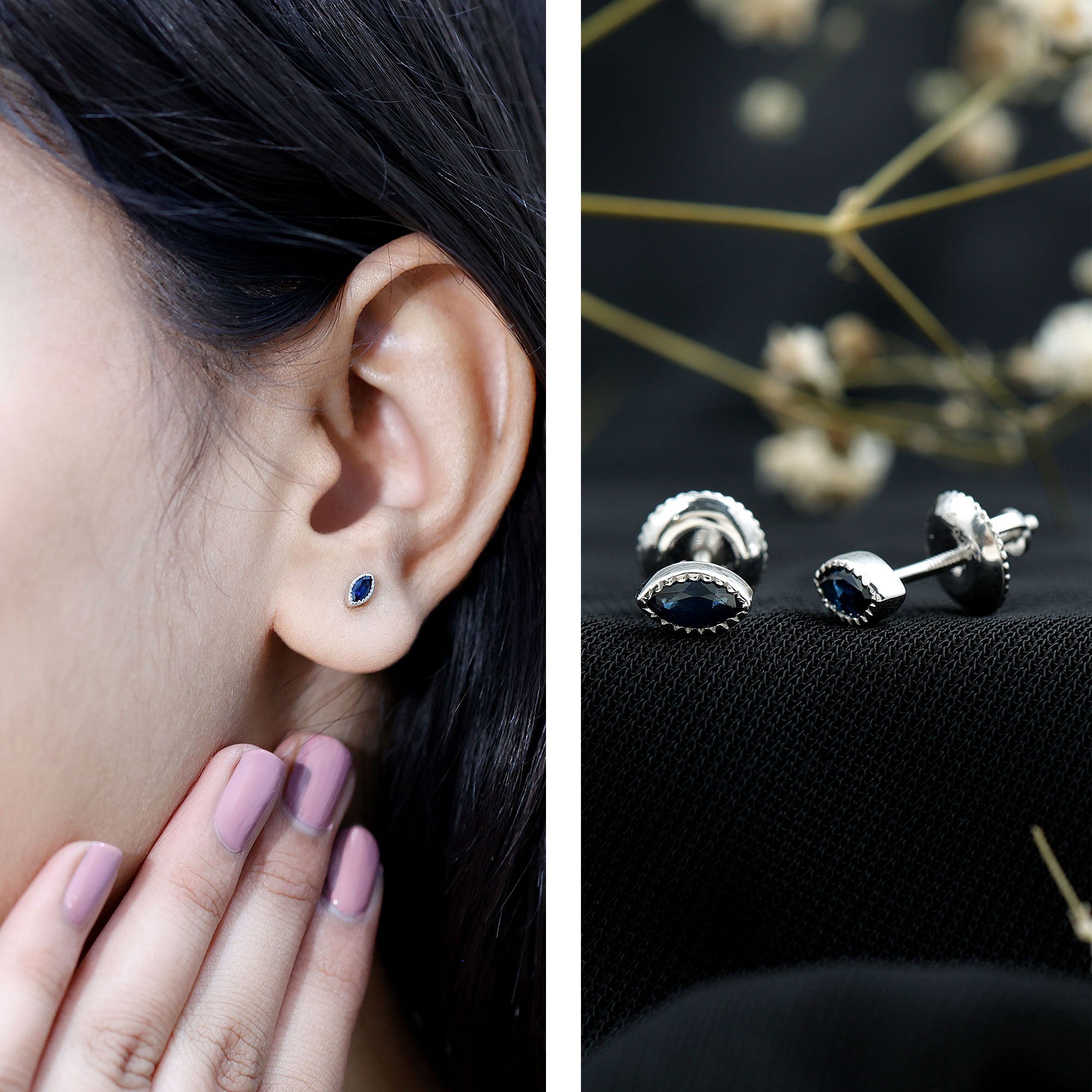 Natural 0.3 Carat Marquise Cut Blue Sapphire Earrings in Silver AAA 92.5 Sterling Silver - Rosec Jewels