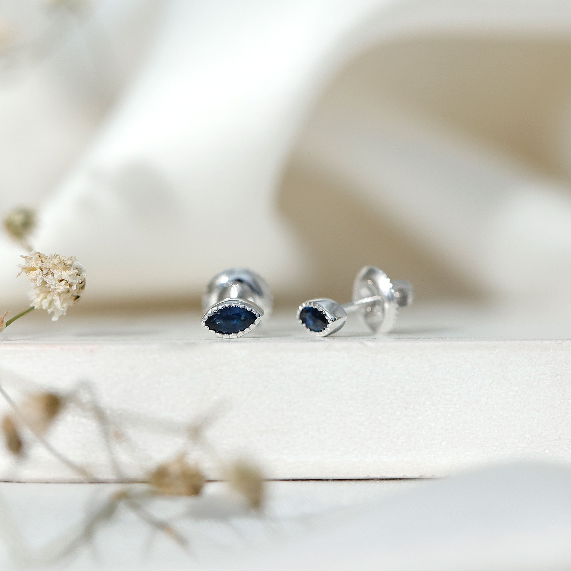 Natural 0.3 Carat Marquise Cut Blue Sapphire Earrings in Silver AAA 92.5 Sterling Silver - Rosec Jewels