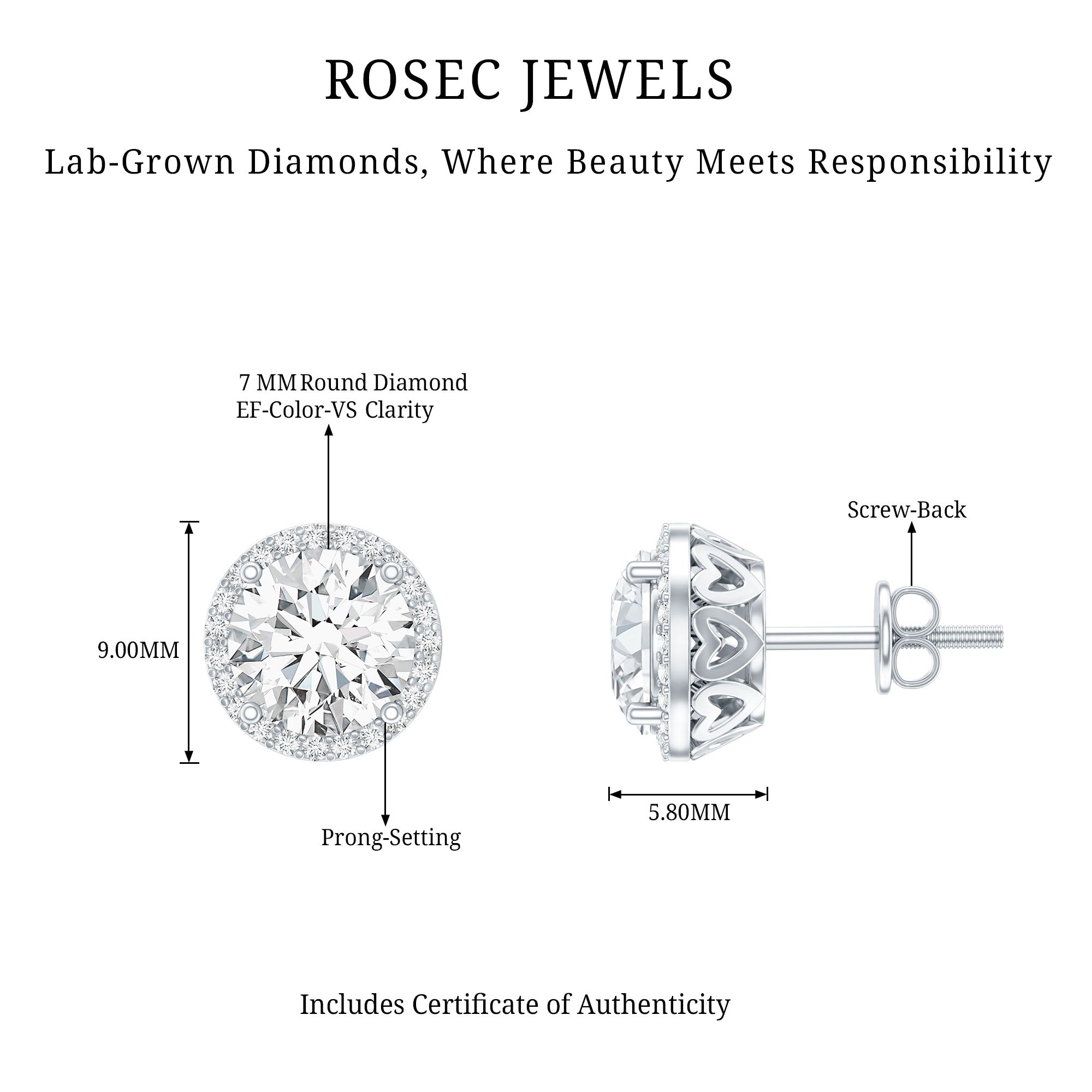 Round Halo Lab Grown Diamond Earring For Women Lab - ( EF-VS ) - Rosec Jewels