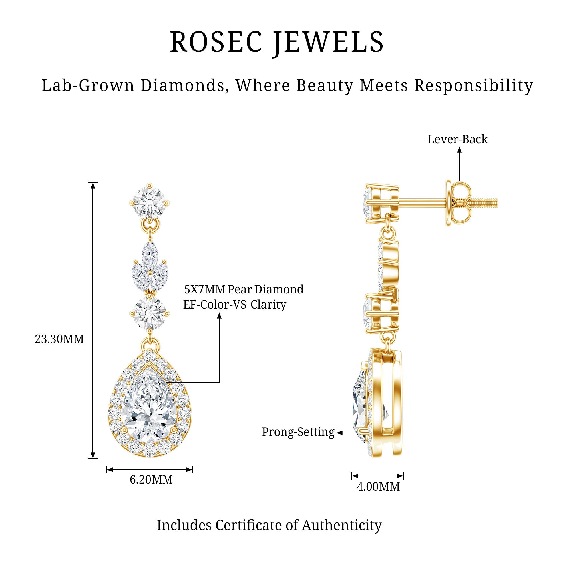 Certified Lab Grown Diamond Dangling Earrings Lab - ( EF-VS ) - Rosec Jewels