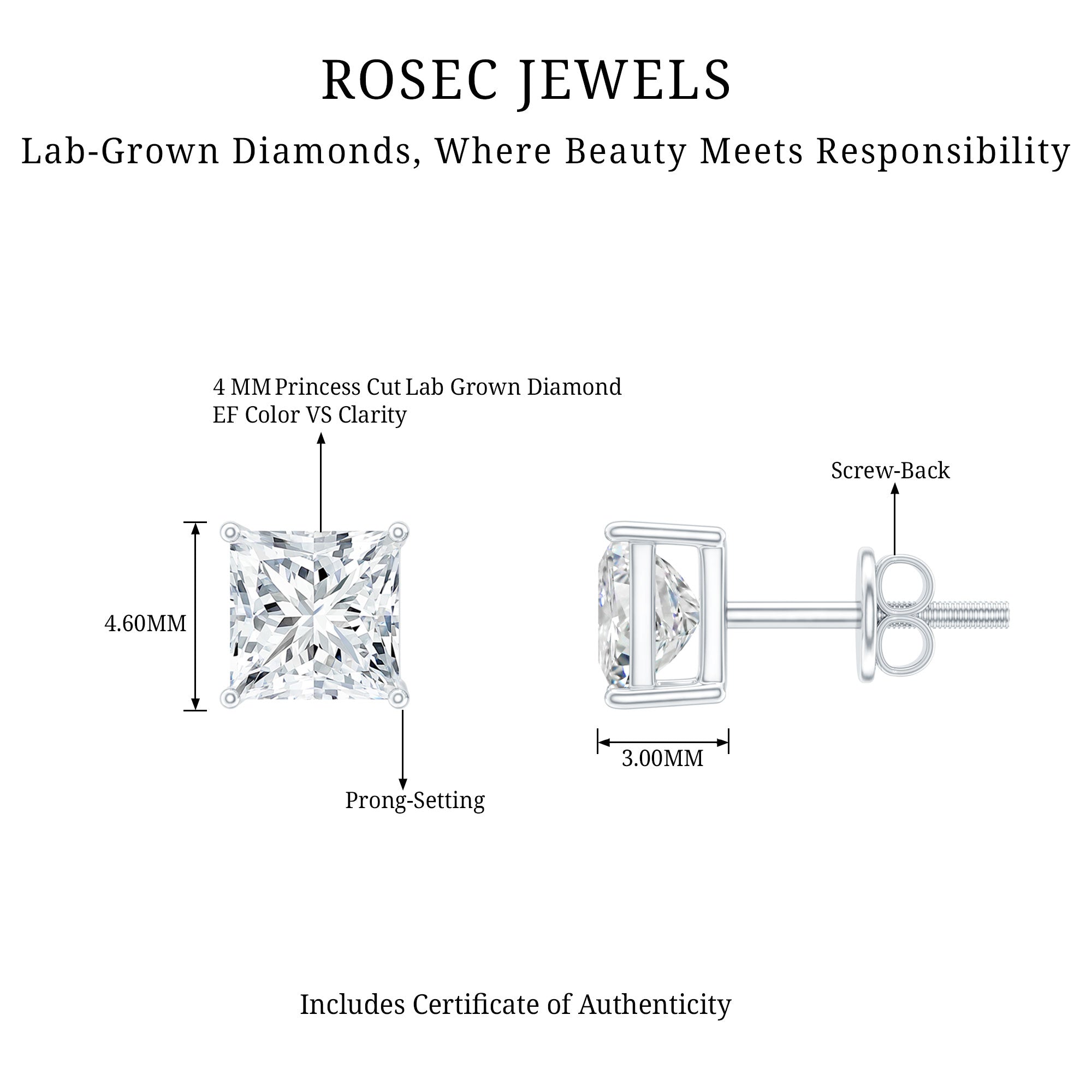 Certified Lab Created Diamond Square Earrings Lab - ( EF-VS ) - Rosec Jewels