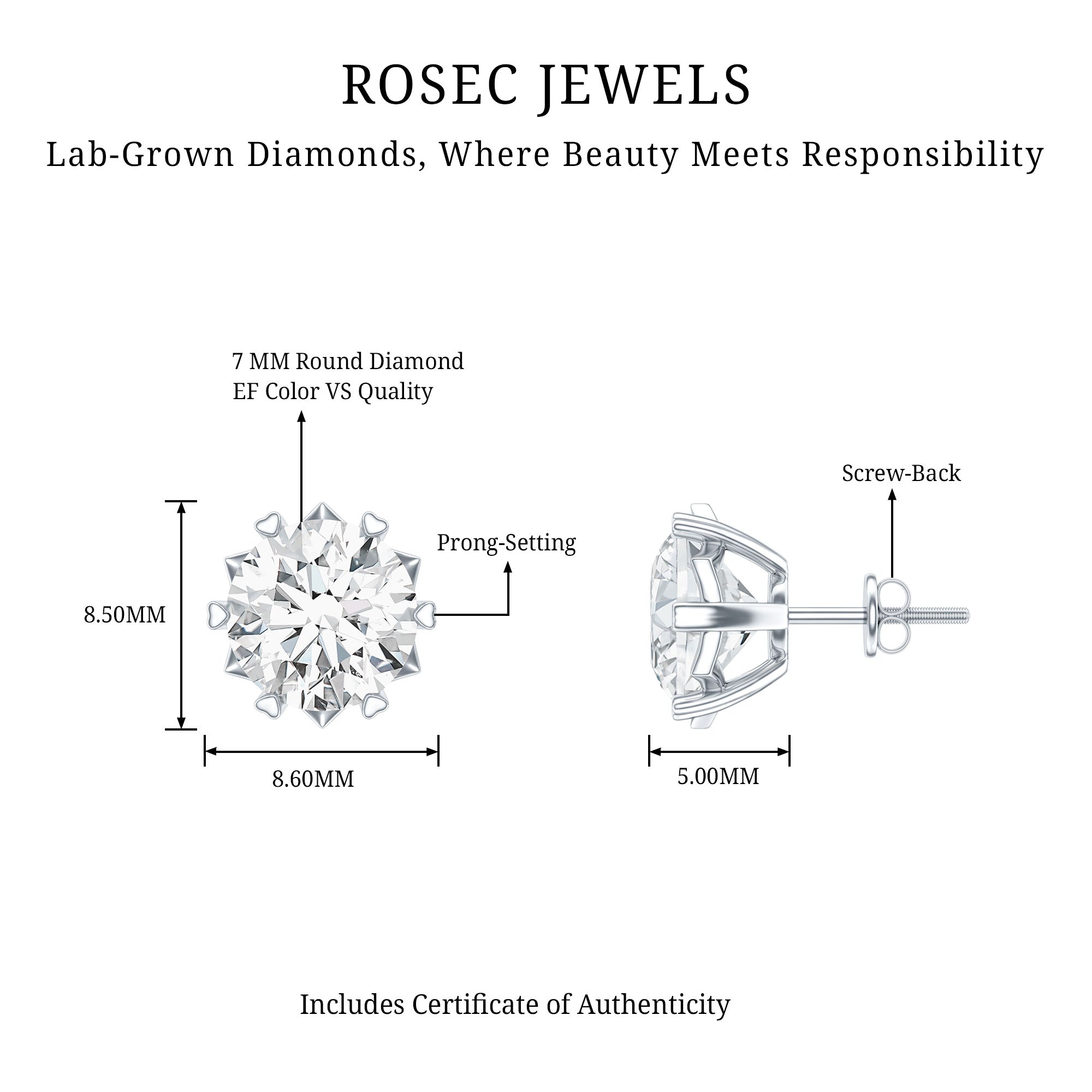 Certified 7 mm Lab Created Diamond 2 Carat Earrings Lab - ( EF-VS ) - Rosec Jewels