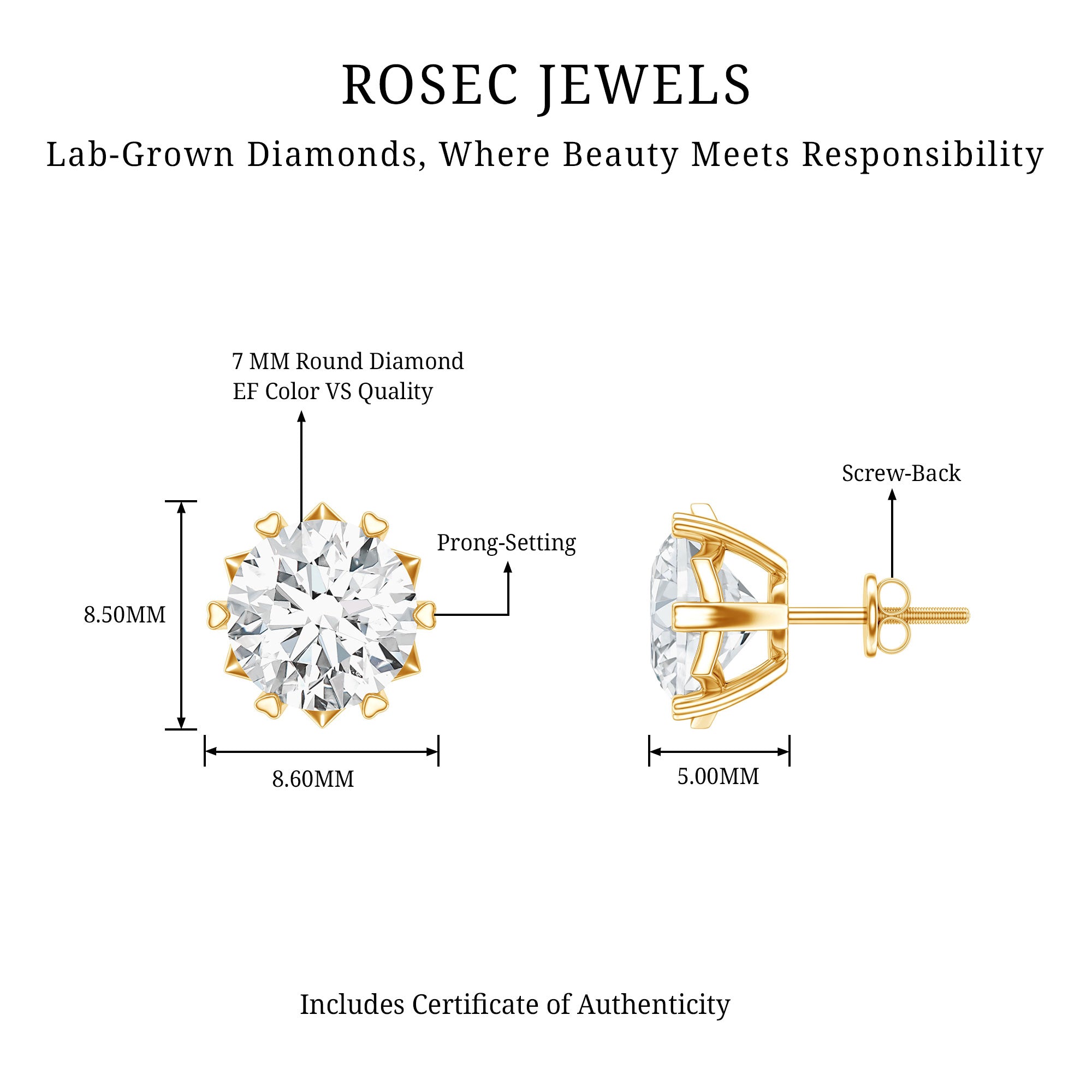 Certified 7 mm Lab Created Diamond 2 Carat Earrings Lab - ( EF-VS ) - Rosec Jewels