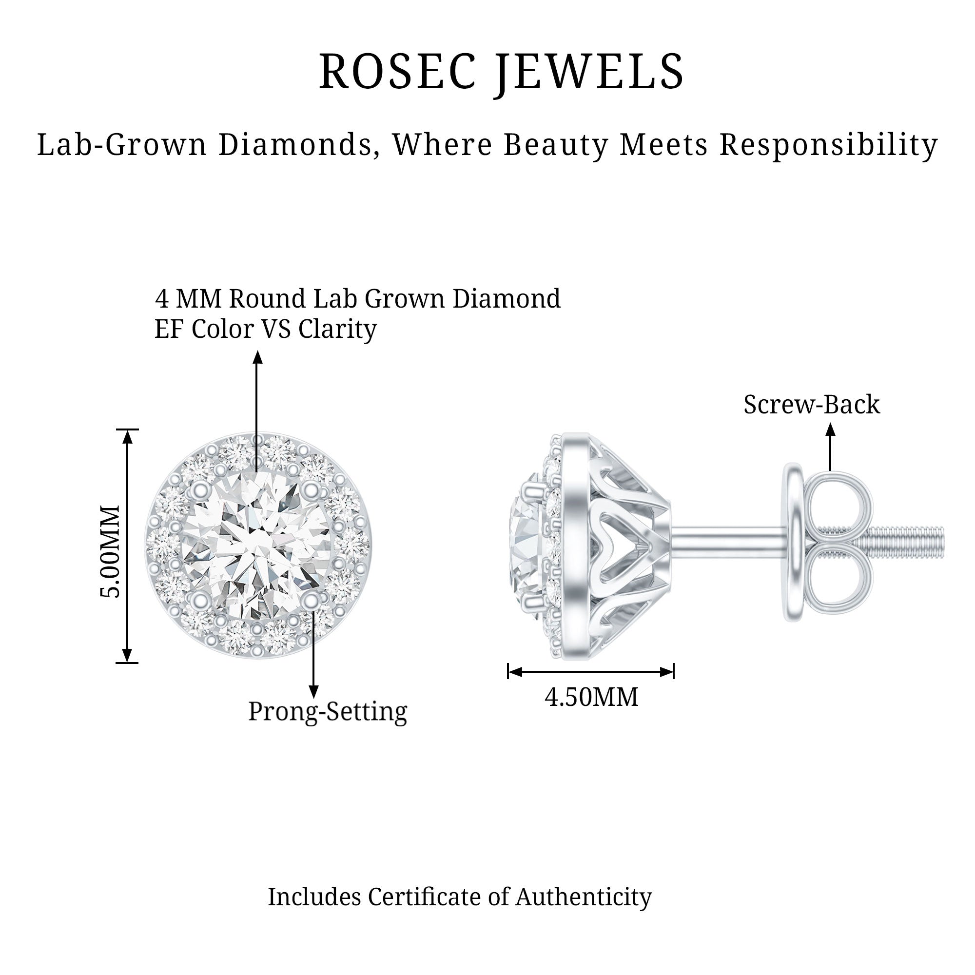0.64 CTW Lab Grown Diamond Halo Stud Earrings (4mm, Screw Back) Lab - ( EF-VS ) - Rosec Jewels
