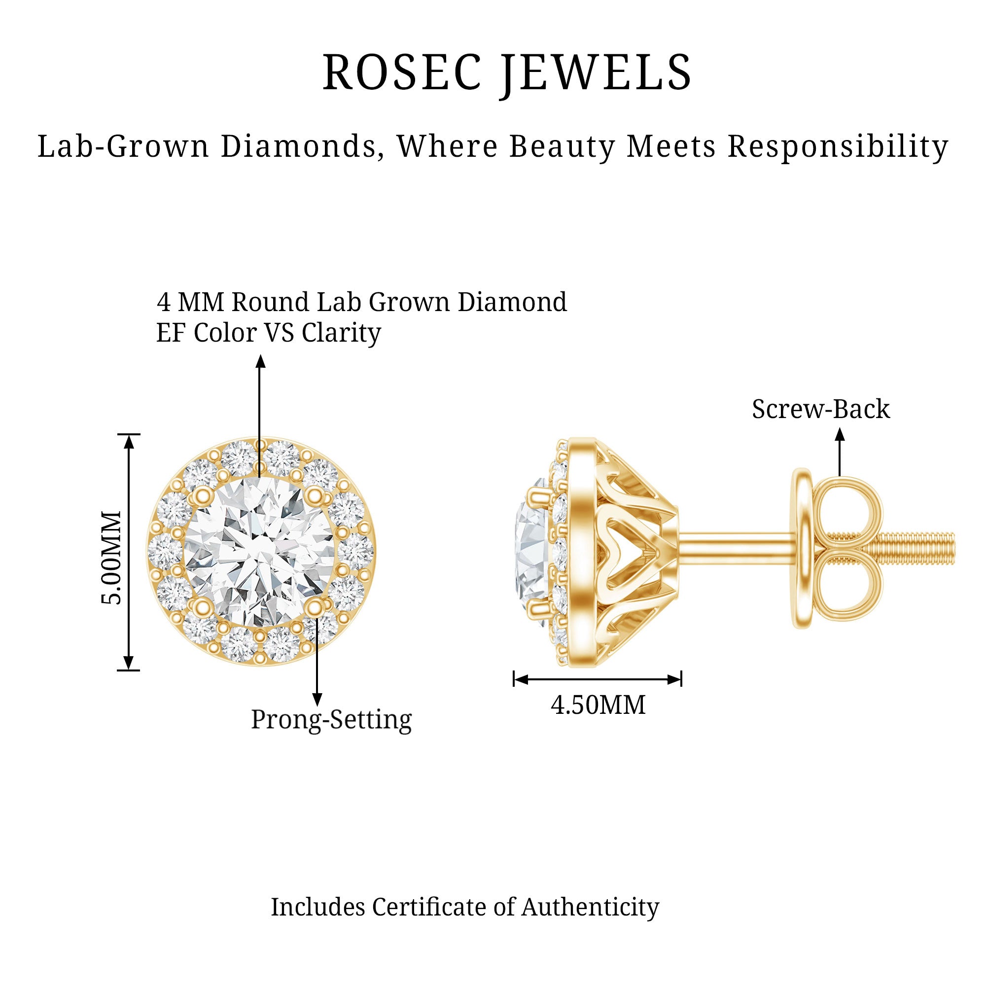 0.64 CTW Lab Grown Diamond Halo Stud Earrings (4mm, Screw Back) Lab - ( EF-VS ) - Rosec Jewels