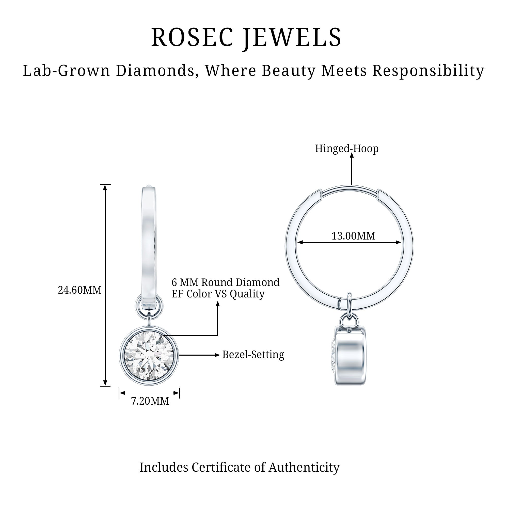 Bezel Set Lab Grown Diamond Drop Earrings for Women Lab - ( EF-VS ) - Rosec Jewels