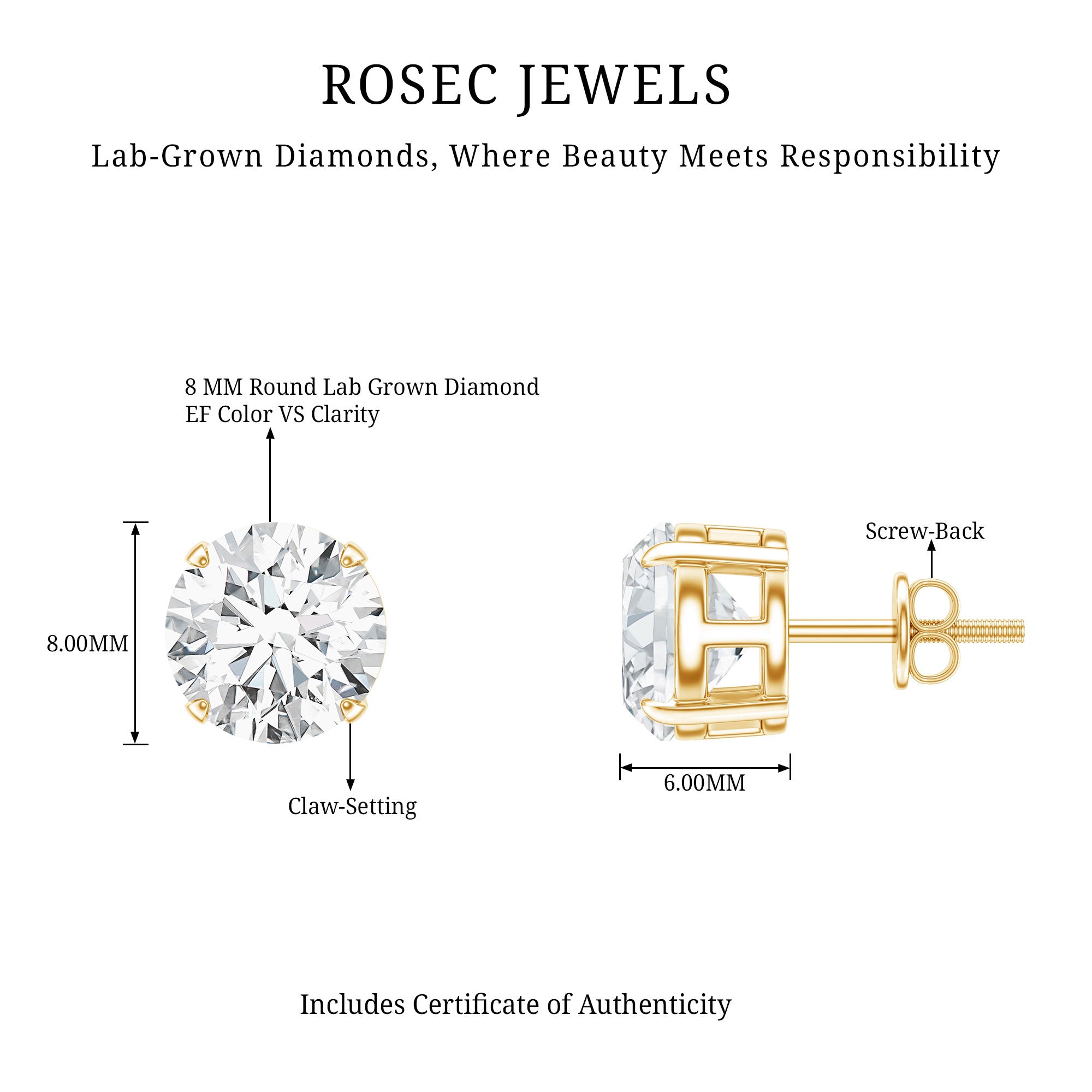 Prong Set Lab Created Diamond Solitaire Stud Earrings Lab - ( EF-VS ) - Rosec Jewels