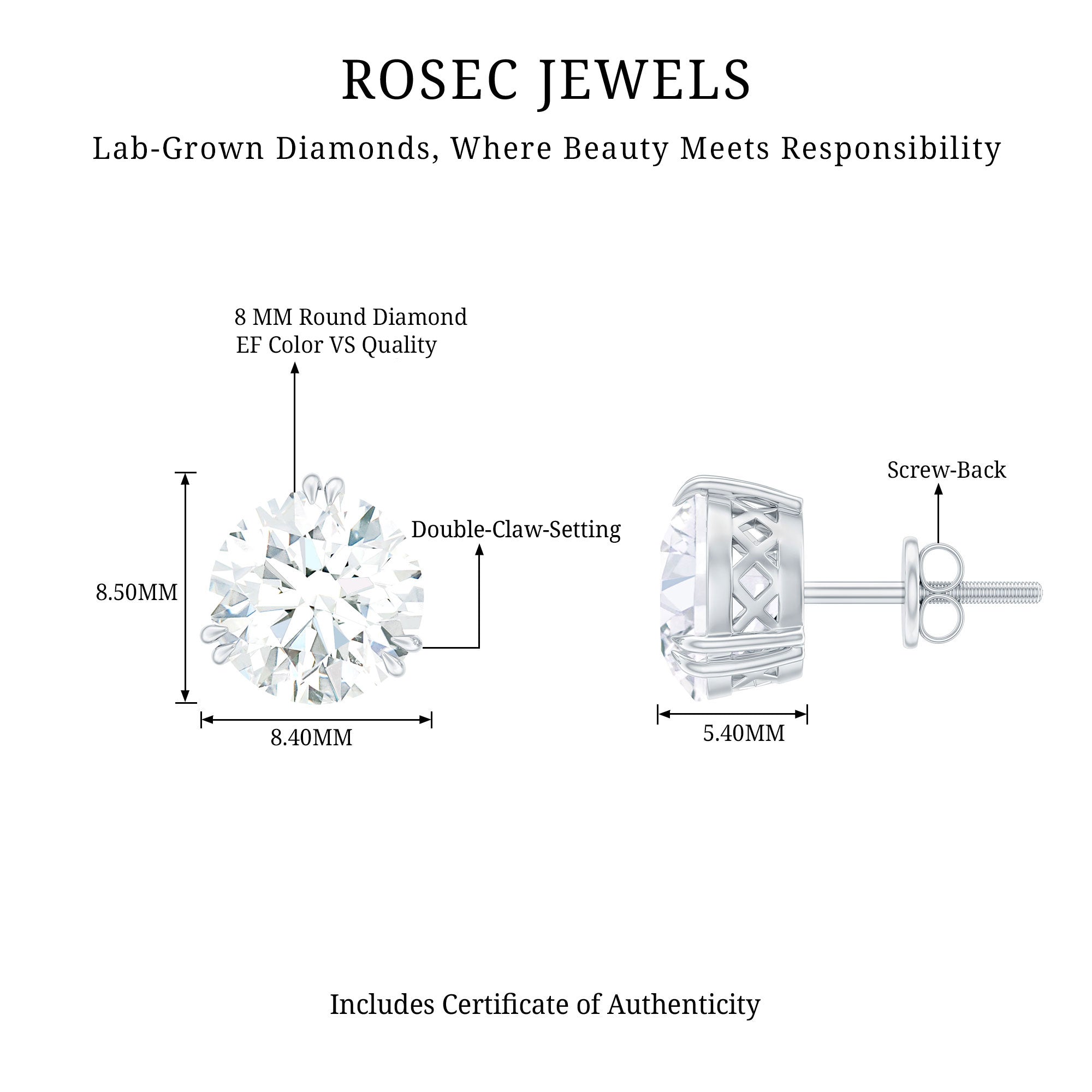 Rosec Jewels-Certified 8mm Round Diamond Studs with Screw Back