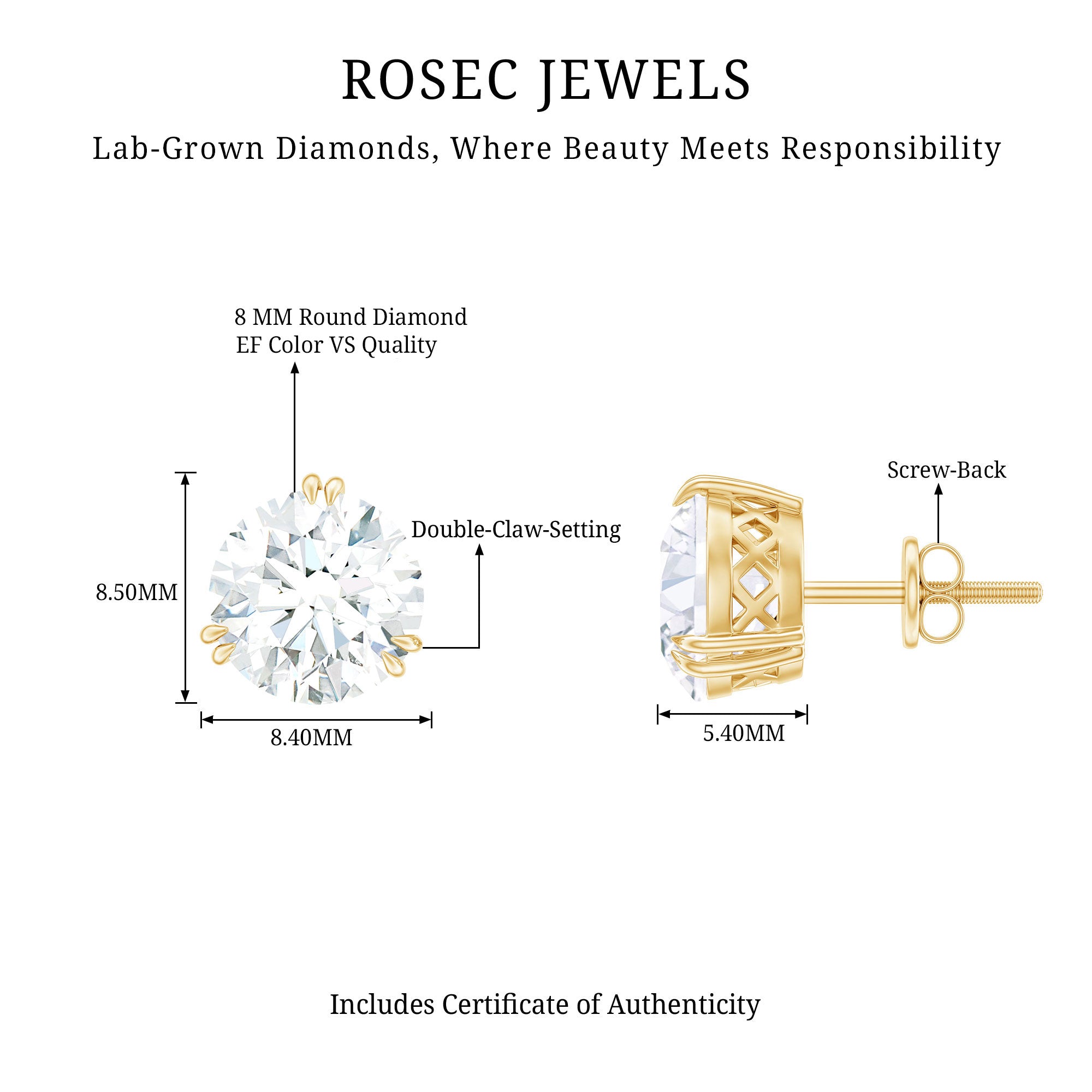 Rosec Jewels-Certified 8mm Round Diamond Studs with Screw Back