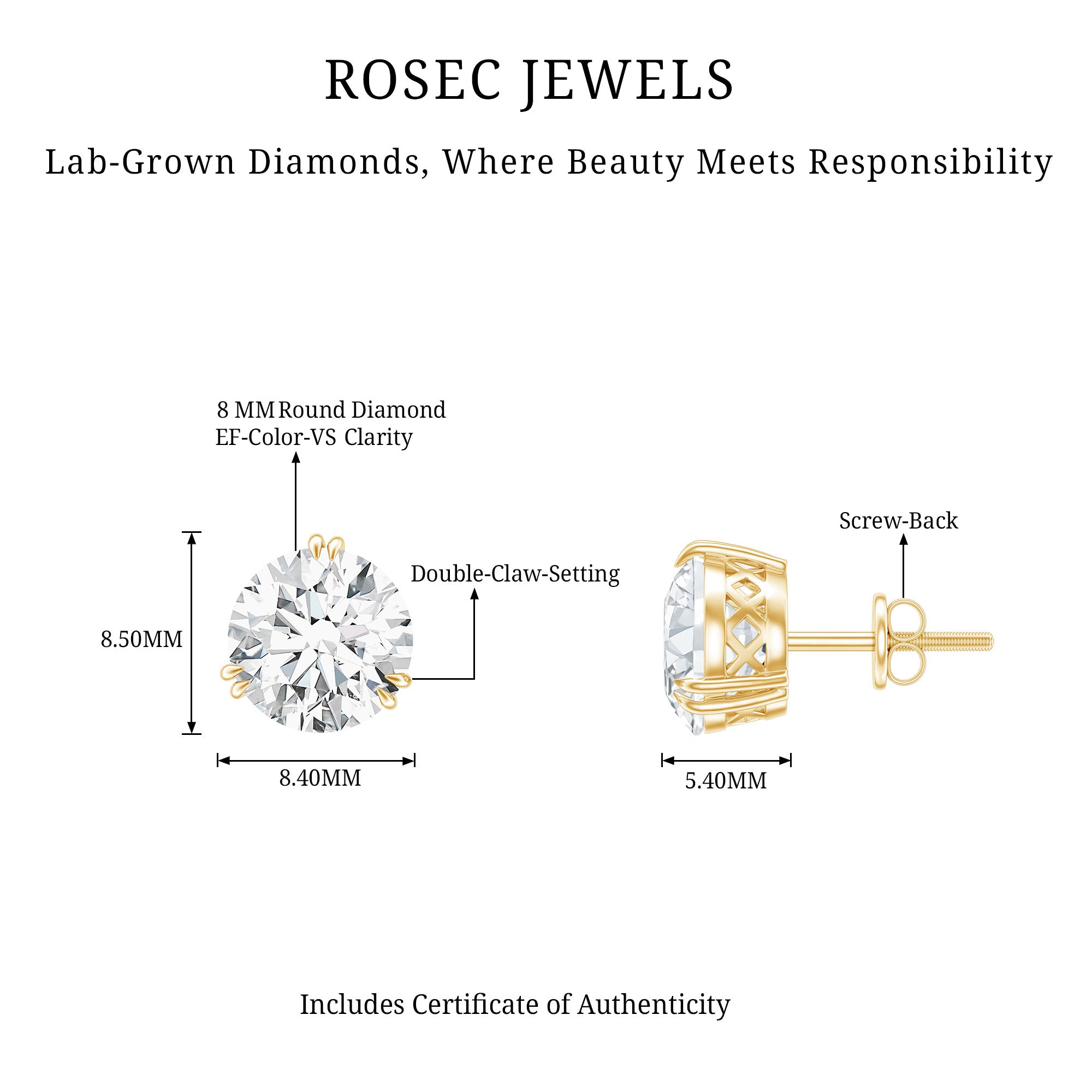 Certified 8mm Round Diamond Studs with Screw Back Lab - ( EF-VS ) - Rosec Jewels