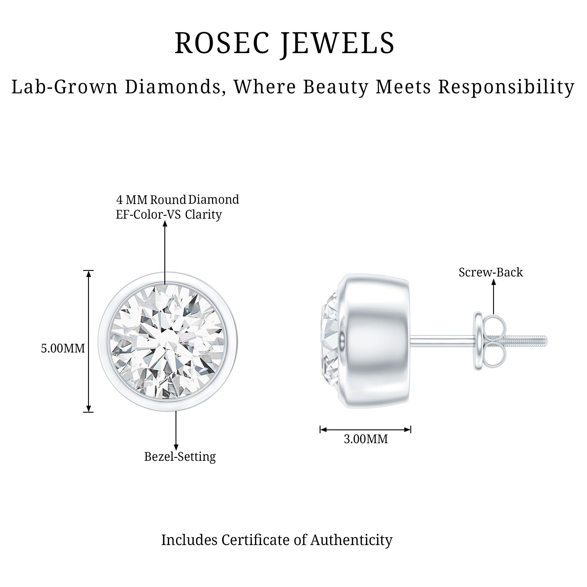 Bezel Set Lab Grown Diamond Solitaire Stud Earrings Lab - ( EF-VS ) - Rosec Jewels