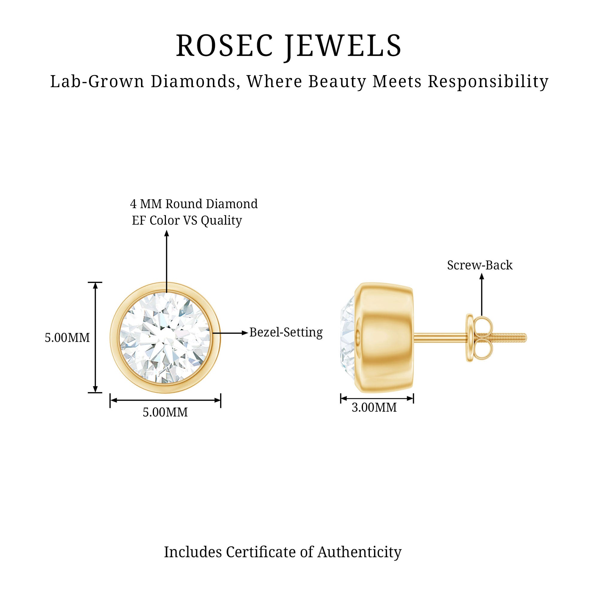 Rosec Jewels-Bezel Set Lab Grown Diamond Solitaire Stud Earrings