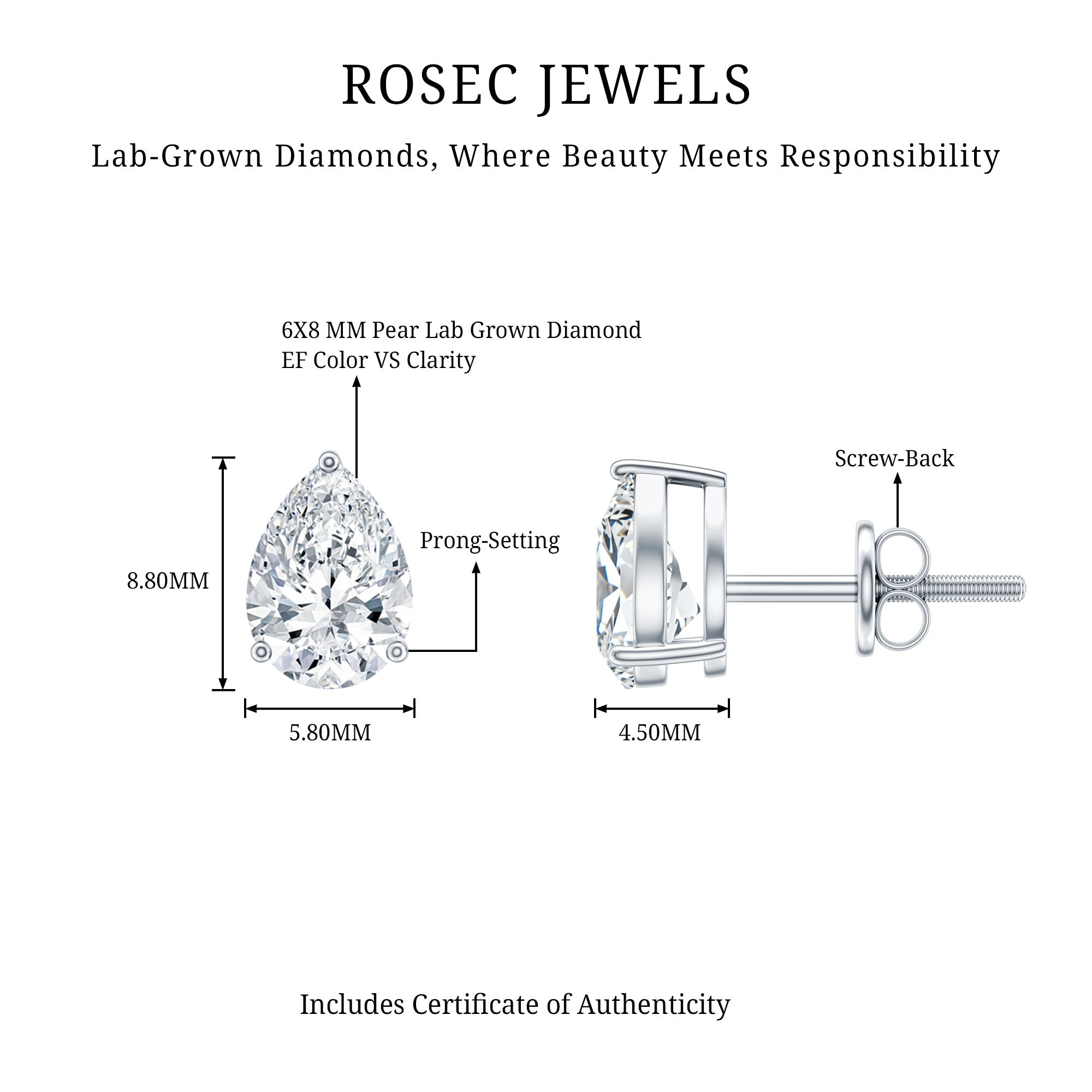 Certified 2 Carat Diamond Teardrop Earrings With Screw Back Lab - ( EF-VS ) - Rosec Jewels