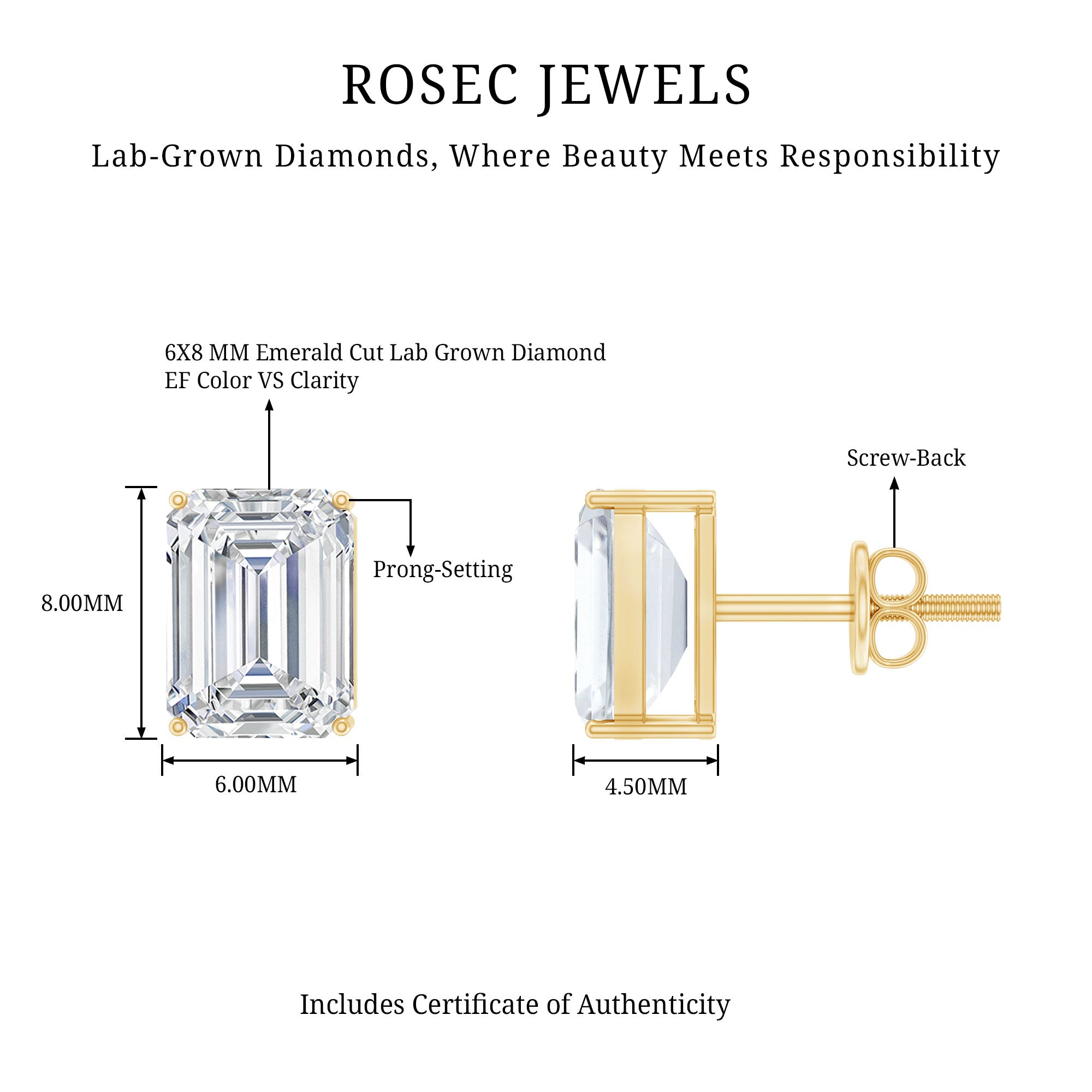Emerald Cut Lab Created Diamond Stud Earrings Lab - ( EF-VS ) - Rosec Jewels