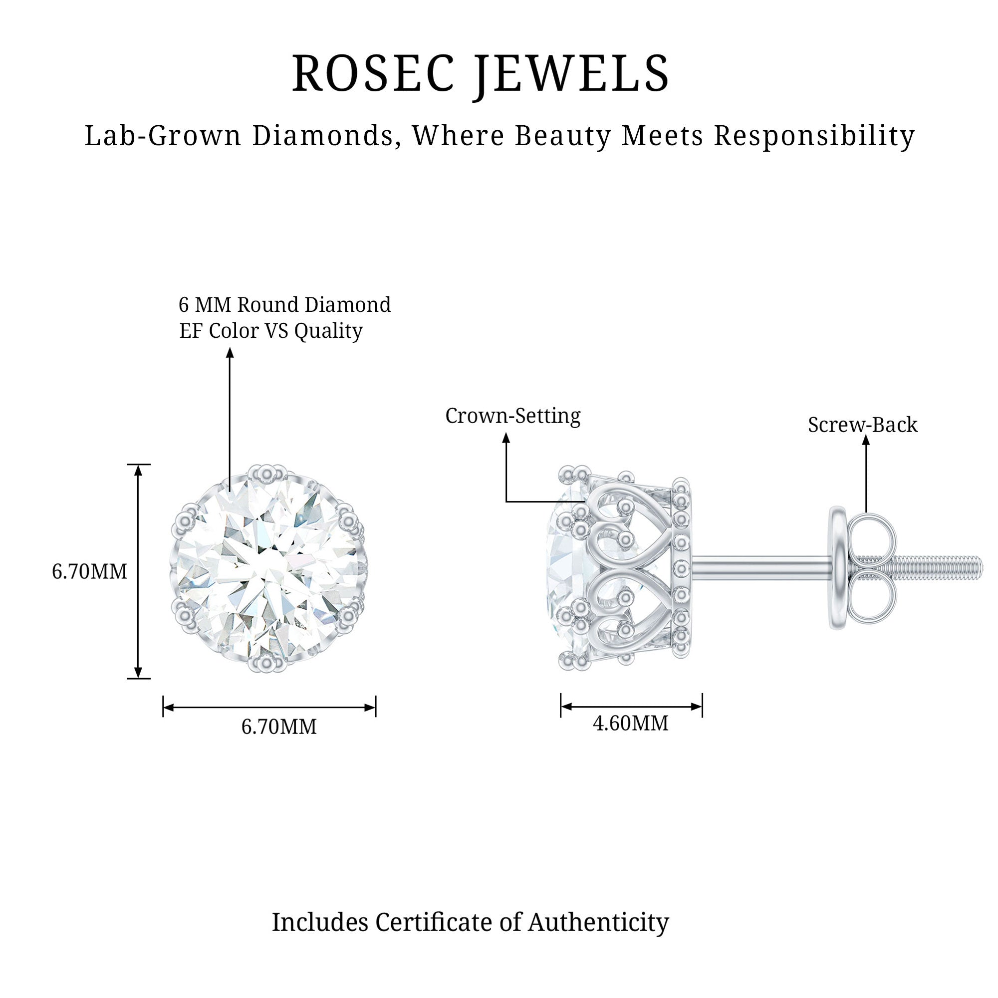 Rosec Jewels-Certified Lab Created Diamond Crown Earrings for Women