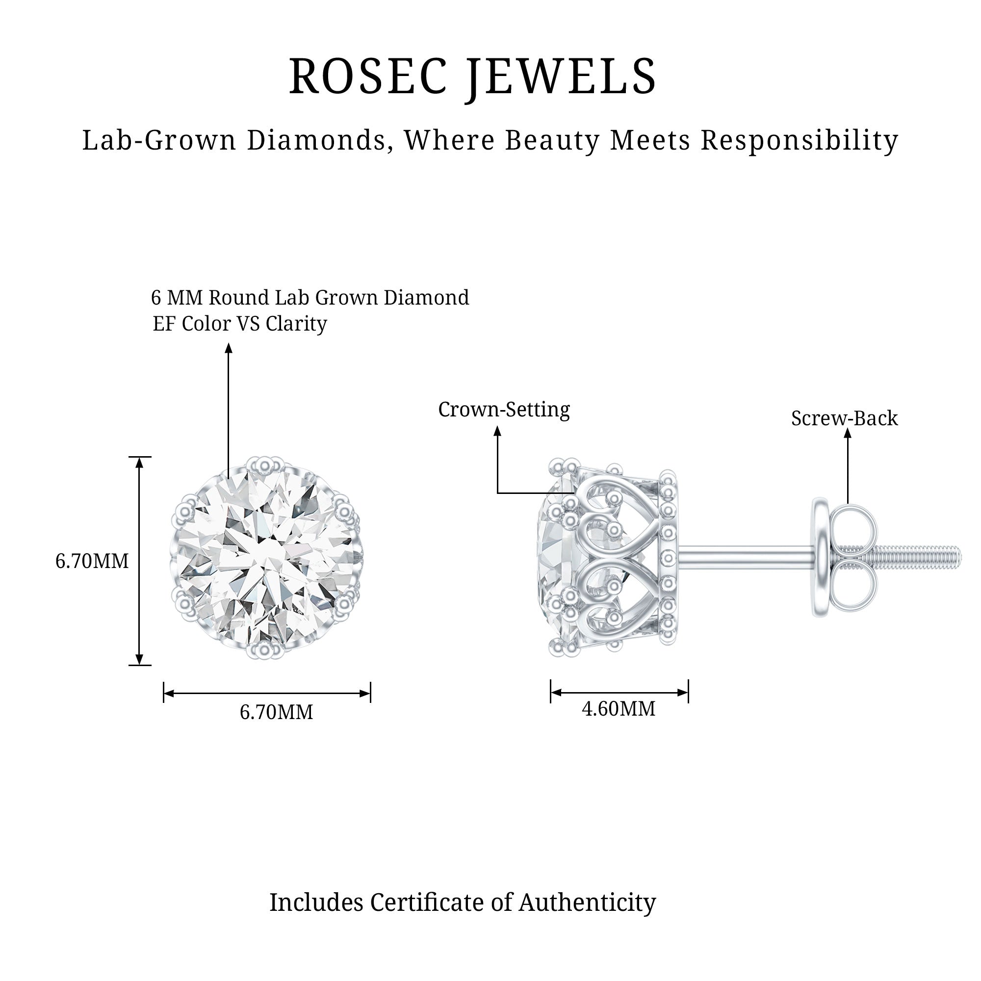 Certified Lab Created Diamond Crown Earrings for Women Lab - ( EF-VS ) - Rosec Jewels