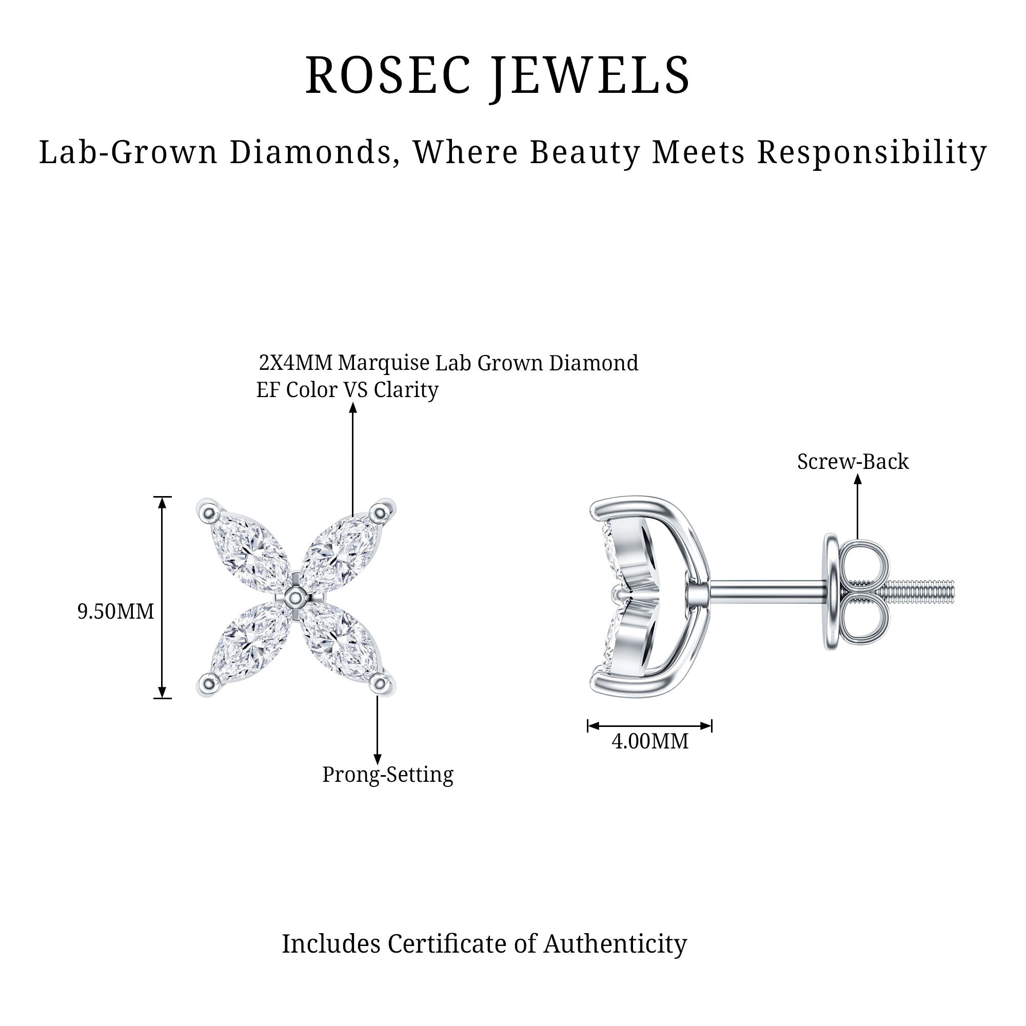 Certified Lab Grown Diamond Flower Earrings With Screw Back Lab - ( EF-VS ) - Rosec Jewels