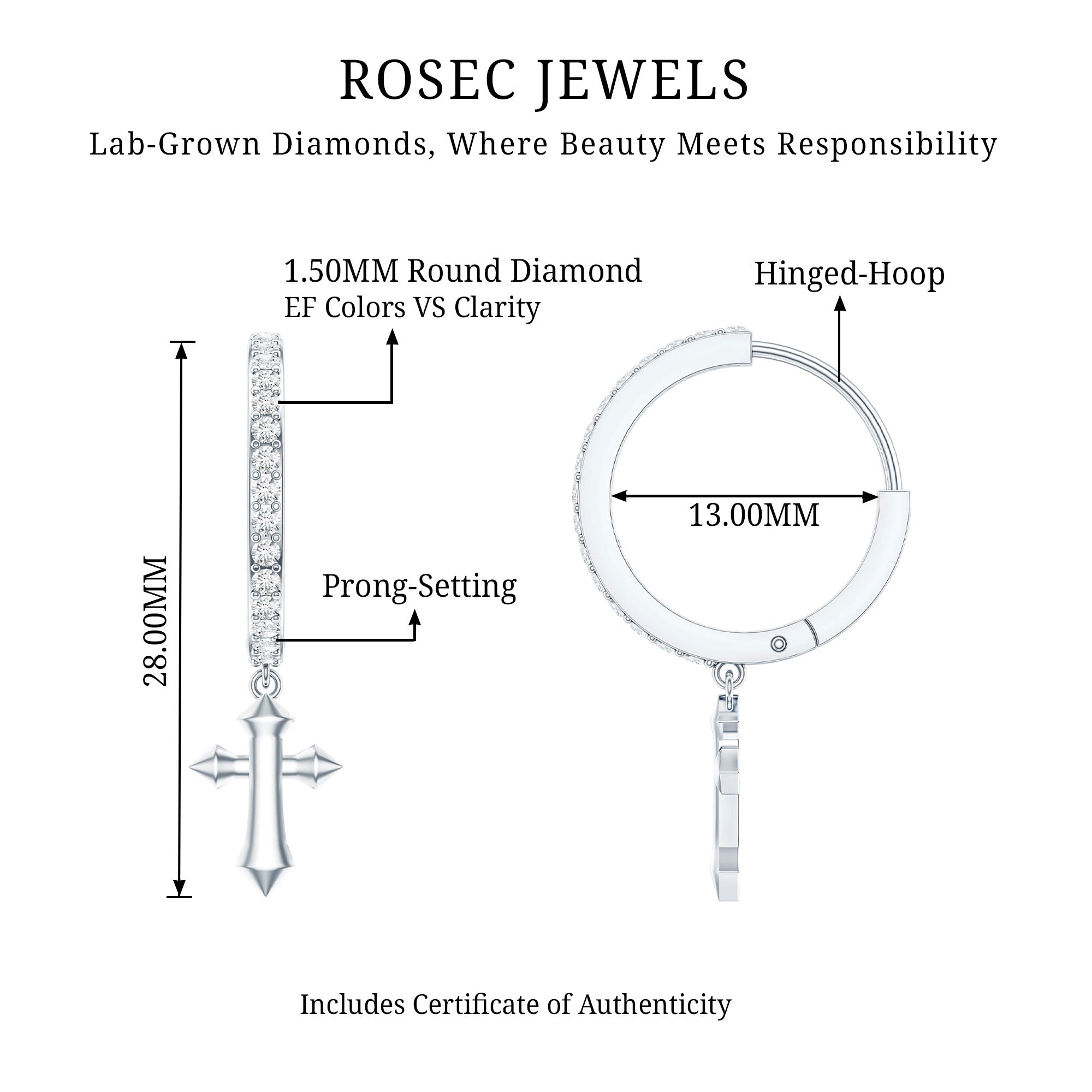 Lab Grown Diamond Holy Cross Hoop Drop Earrings For Women Lab - ( EF-VS ) - Rosec Jewels