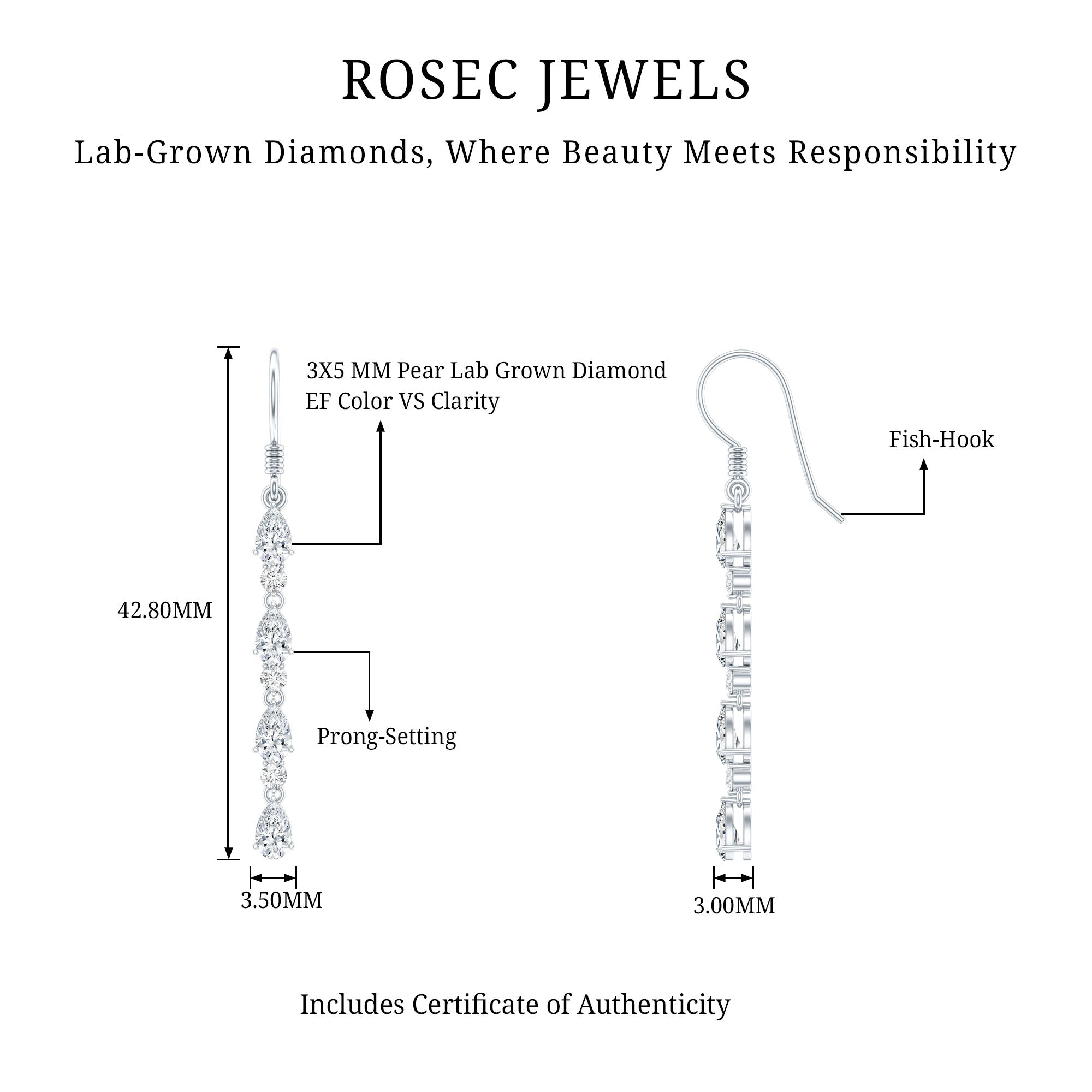 Lab Grown Diamond Long Dangling Earrings Lab - ( EF-VS ) - Rosec Jewels
