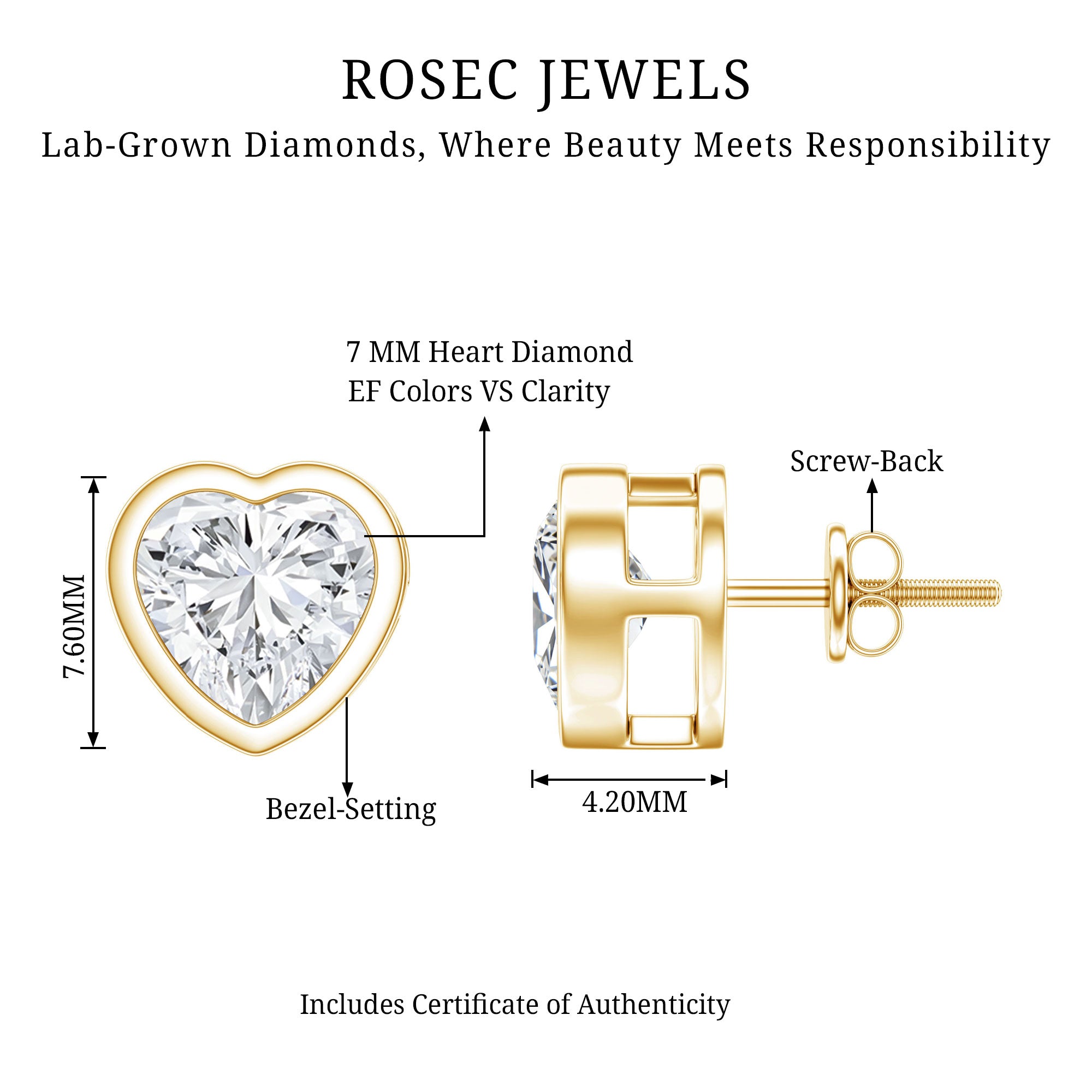 Certified Bezel Set 7mm Lab Grown Diamond Heart Earrings Lab - ( EF-VS ) - Rosec Jewels
