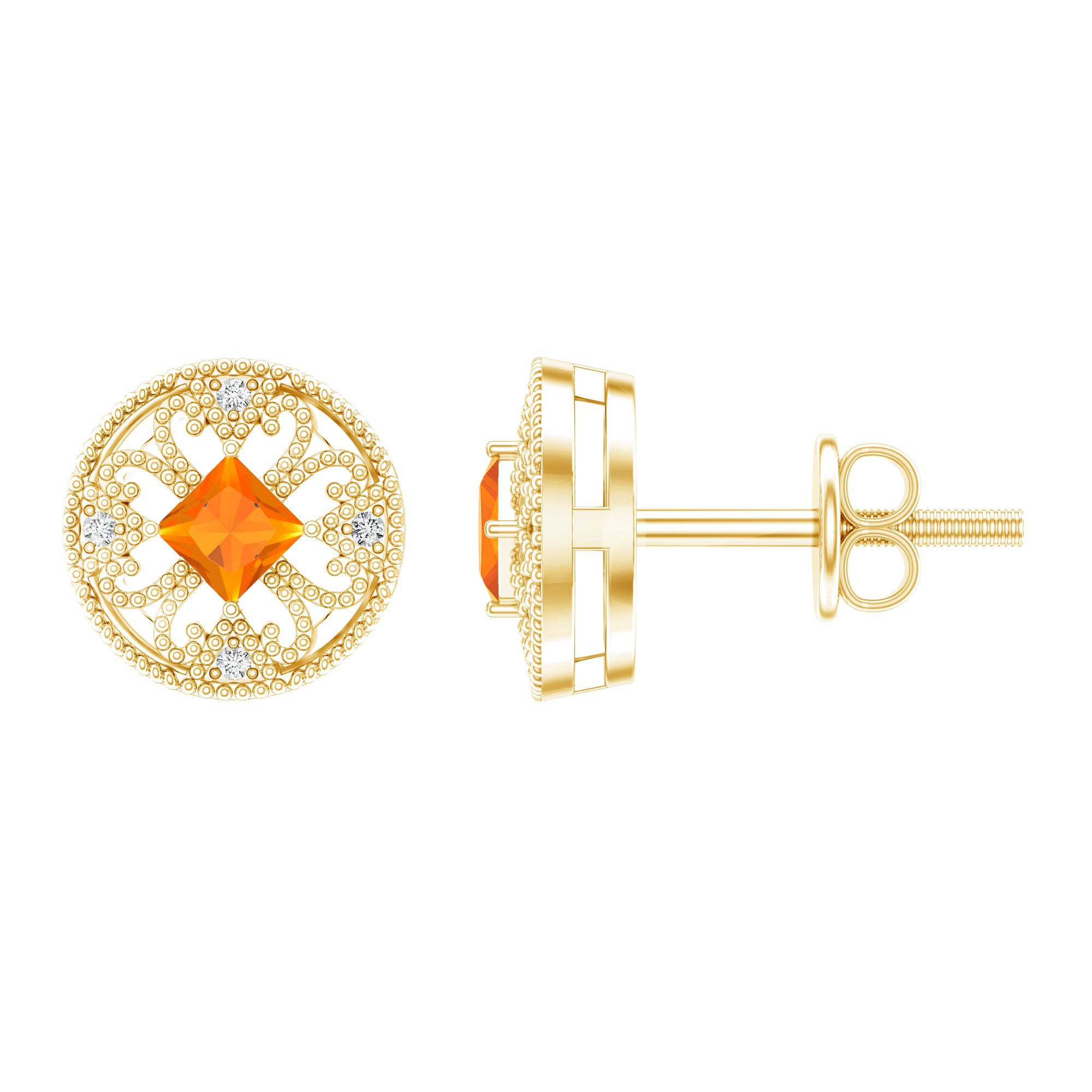 Antique Style 0.6 Carat Fire Opal Circle Stud Earrings with Lab Diamond AAA 14K Yellow Gold Plated Silver - Rosec Jewels