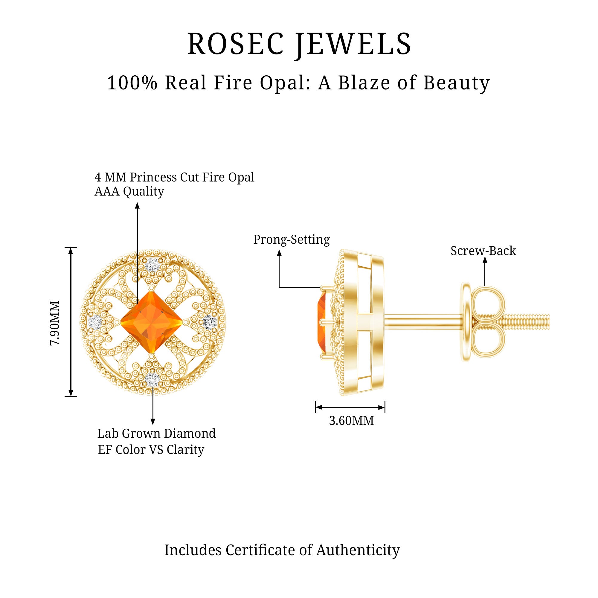 Antique Style 0.6 Carat Fire Opal Circle Stud Earrings with Lab Diamond AAA 14K Yellow Gold Plated Silver - Rosec Jewels