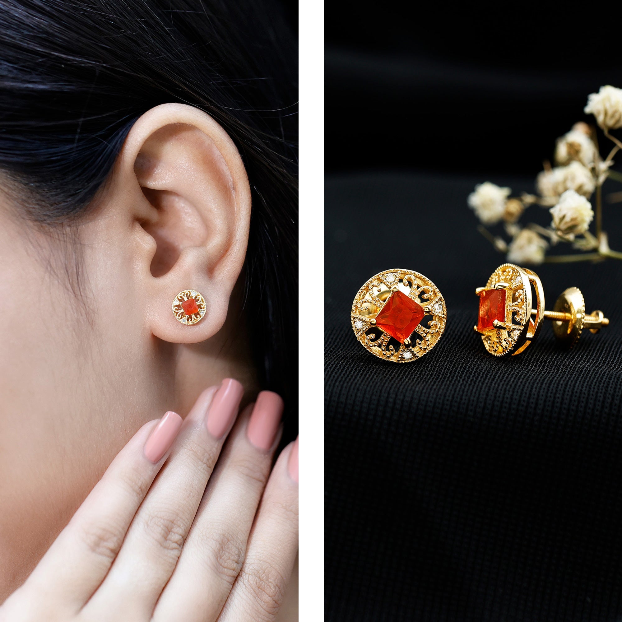 Antique Style 0.6 Carat Fire Opal Circle Stud Earrings with Lab Diamond AAA 14K Yellow Gold Plated Silver - Rosec Jewels