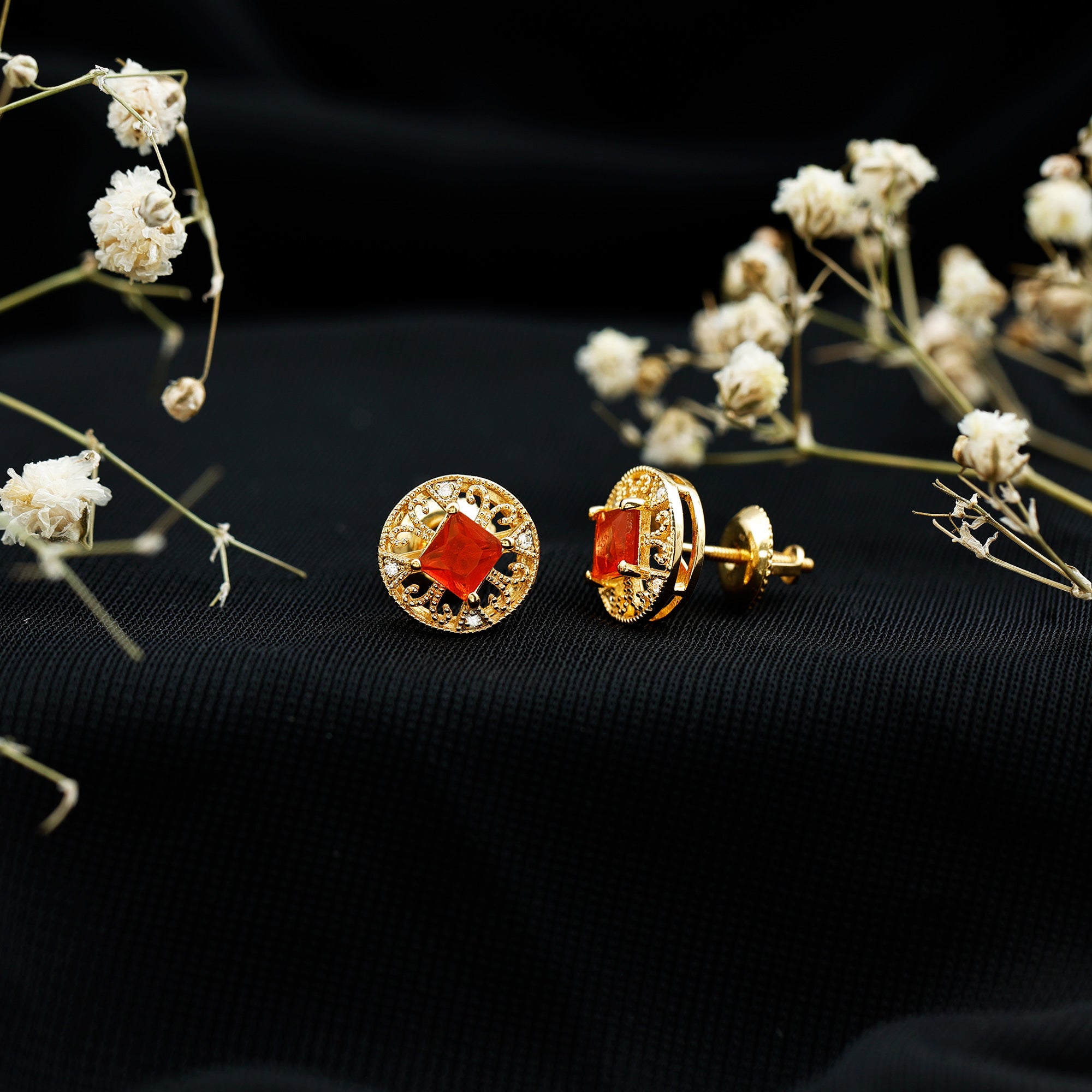 Antique Style 0.6 Carat Fire Opal Circle Stud Earrings with Lab Diamond AAA 14K Yellow Gold Plated Silver - Rosec Jewels