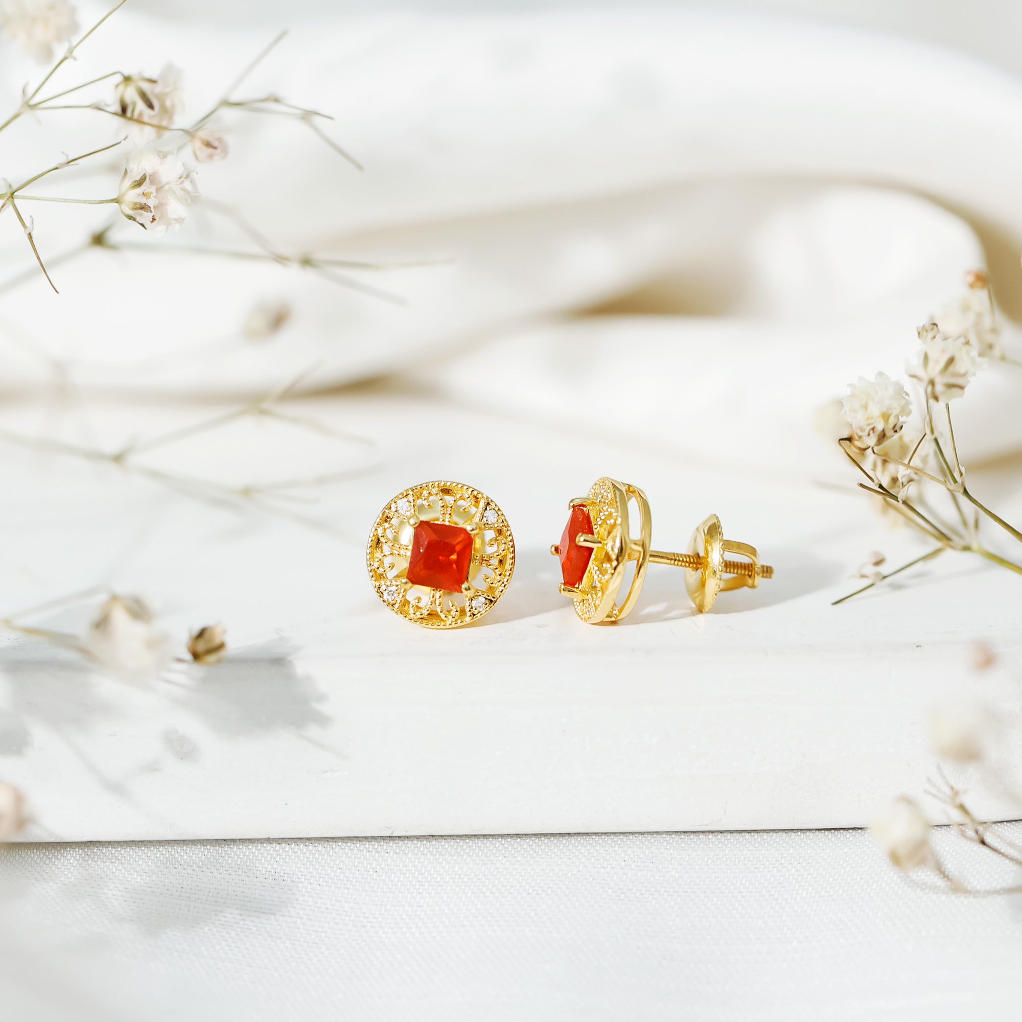Antique Style 0.6 Carat Fire Opal Circle Stud Earrings with Lab Diamond AAA 14K Yellow Gold Plated Silver - Rosec Jewels
