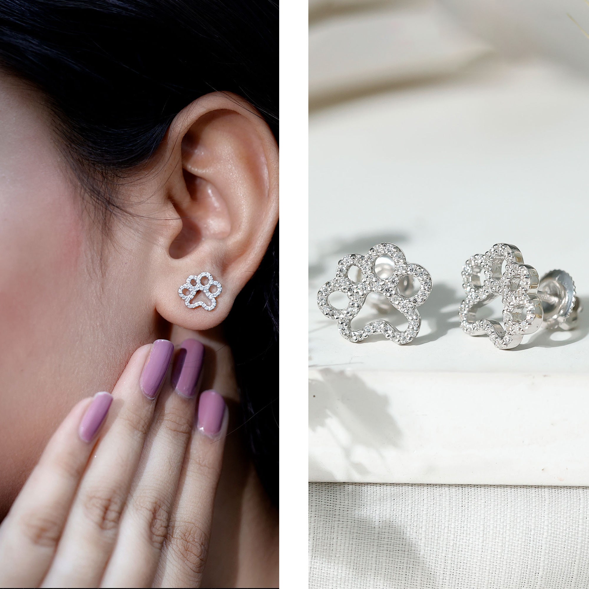 Lab Grown Diamond Paw Print Earrings For Women Lab - ( EF-VS ) - Rosec Jewels