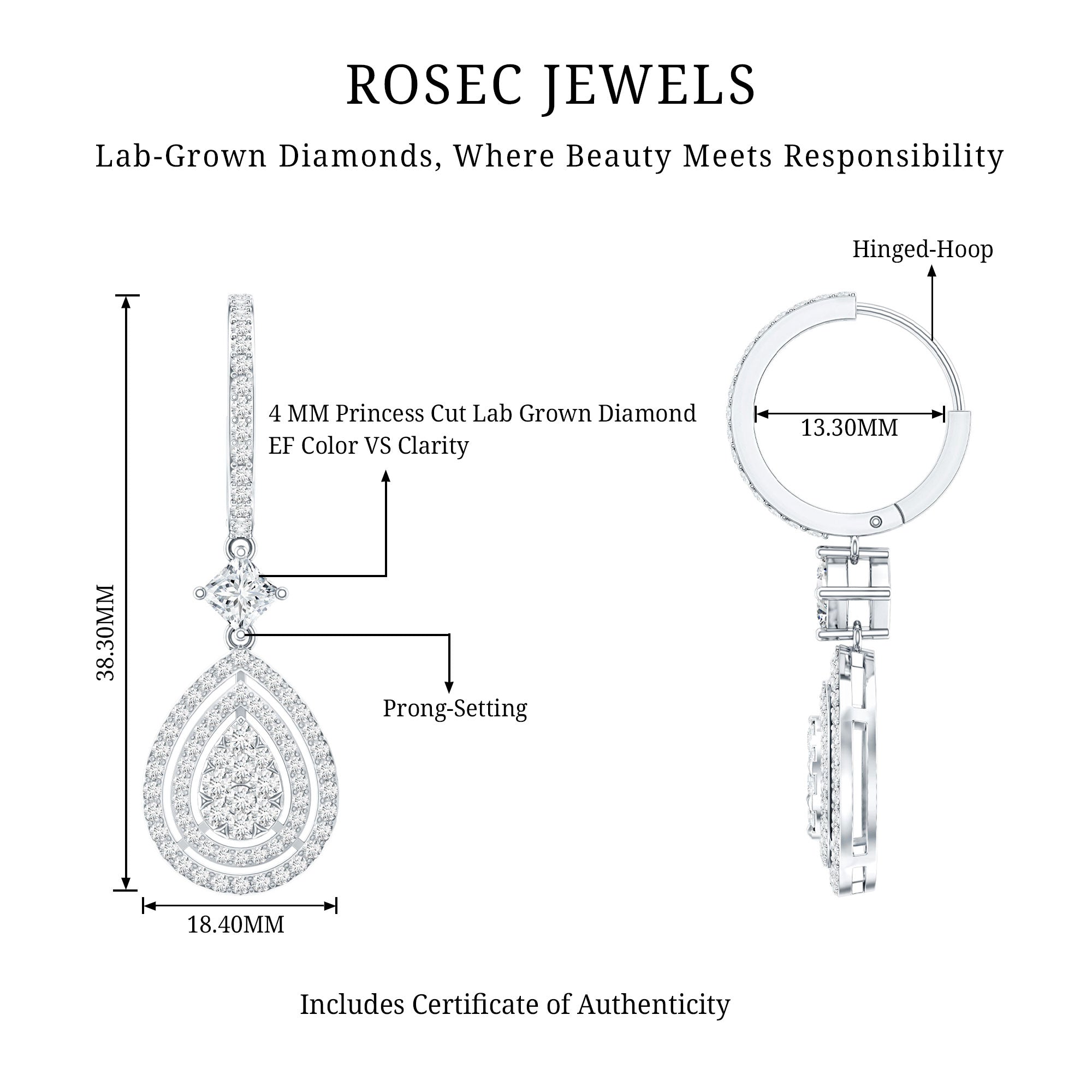 Certified Lab Created Diamond Wedding Earrings For Bride Lab - ( EF-VS ) - Rosec Jewels