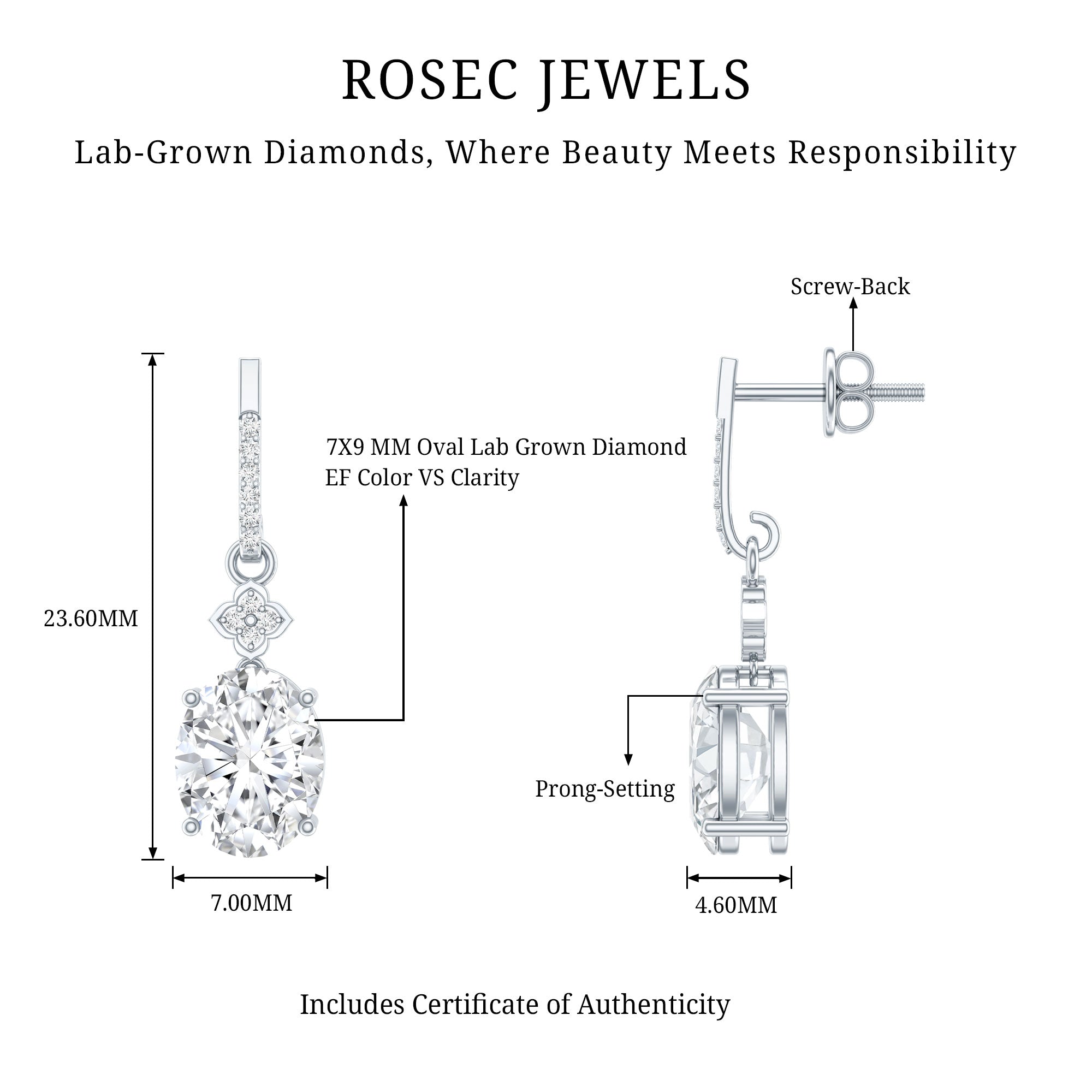 Oval Cut Lab Grown Diamond Dangling Earrings For Bride Lab - ( EF-VS ) - Rosec Jewels