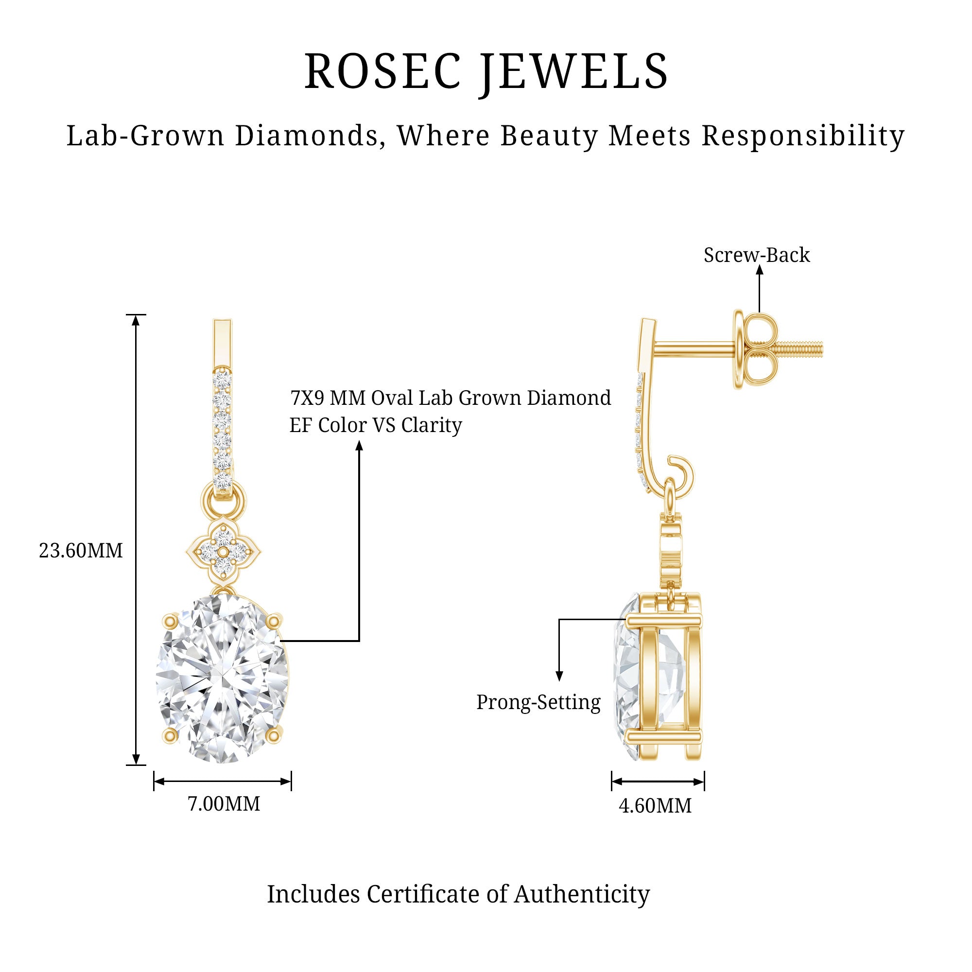 Oval Cut Lab Grown Diamond Dangling Earrings For Bride Lab - ( EF-VS ) - Rosec Jewels