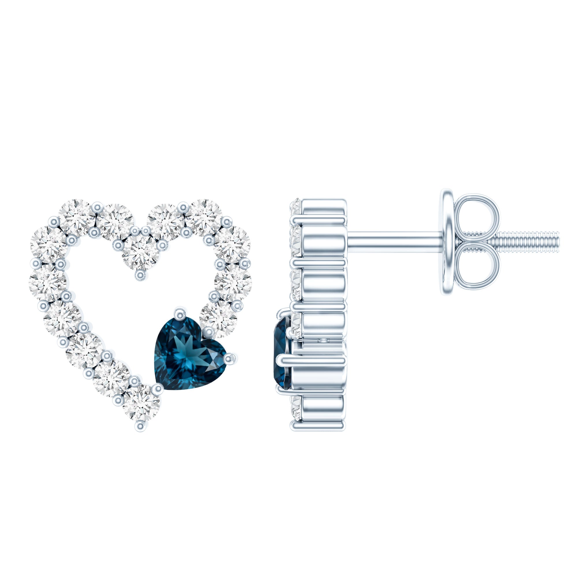 Certified London Blue Topaz and Diamond Heart Stud Earrings AAA 92.5 Sterling Silver - Rosec Jewels