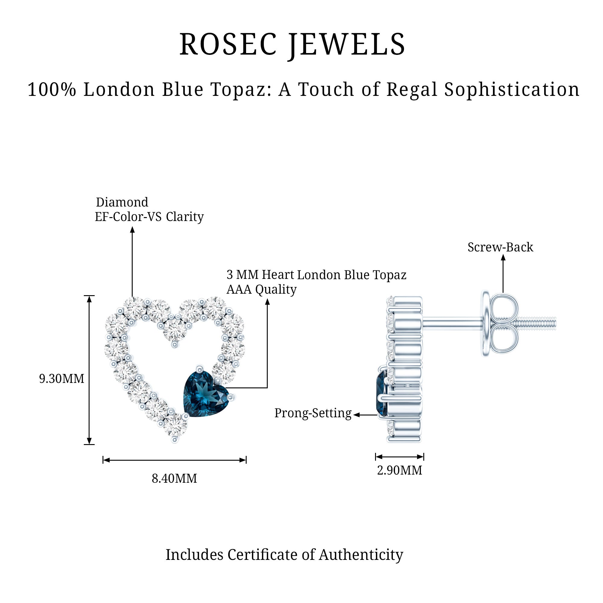 Certified London Blue Topaz and Diamond Heart Stud Earrings AAA 92.5 Sterling Silver - Rosec Jewels