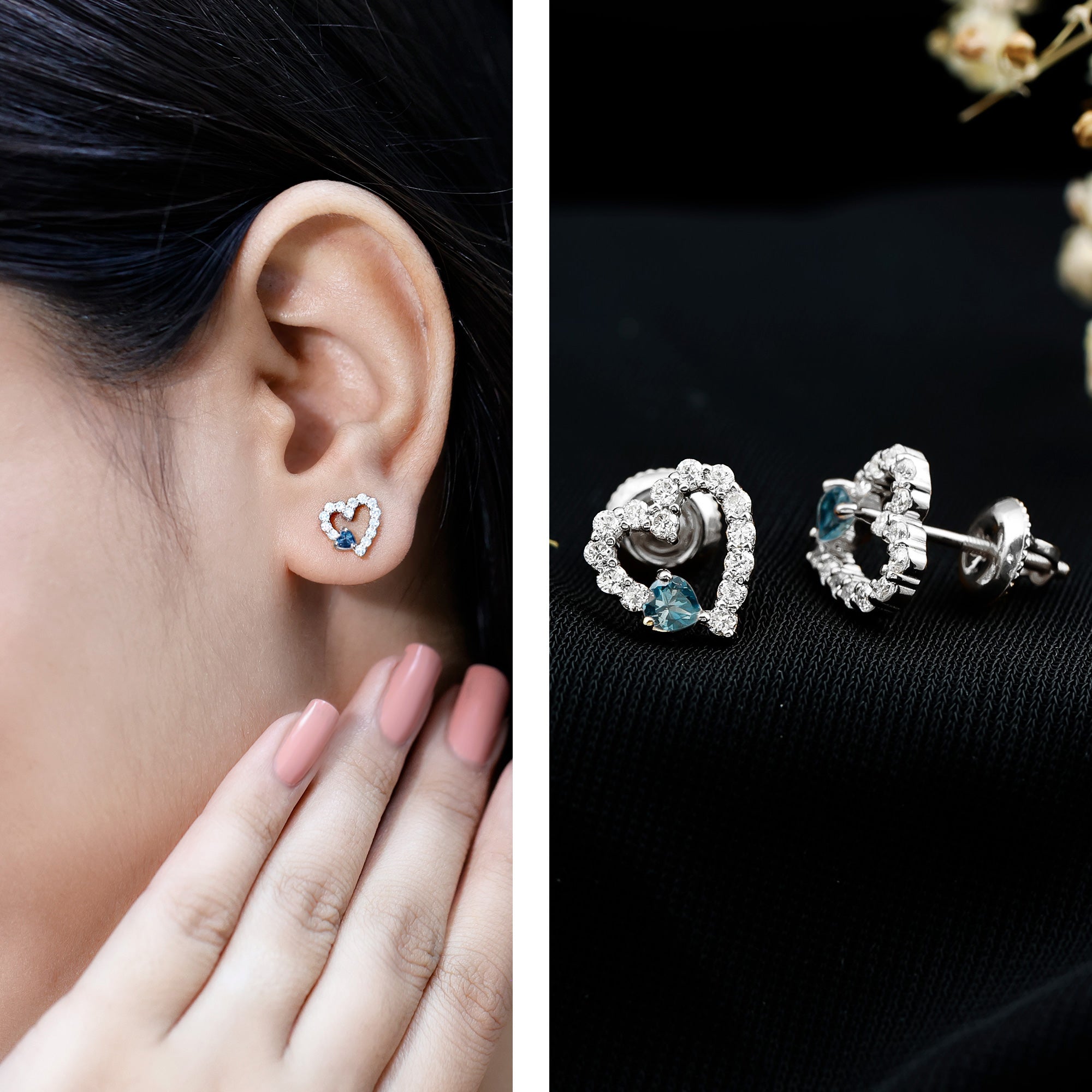 Certified London Blue Topaz and Diamond Heart Stud Earrings AAA 92.5 Sterling Silver - Rosec Jewels
