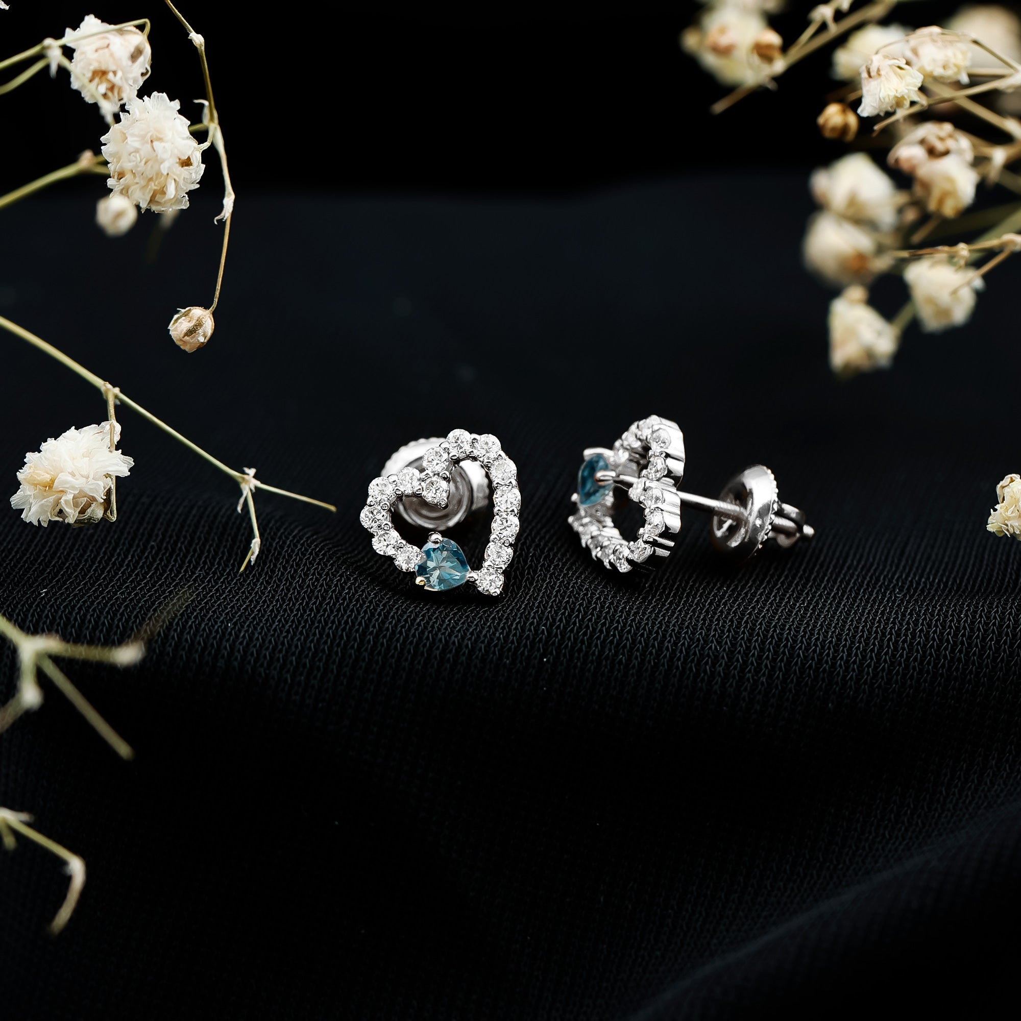 Certified London Blue Topaz and Diamond Heart Stud Earrings AAA 92.5 Sterling Silver - Rosec Jewels