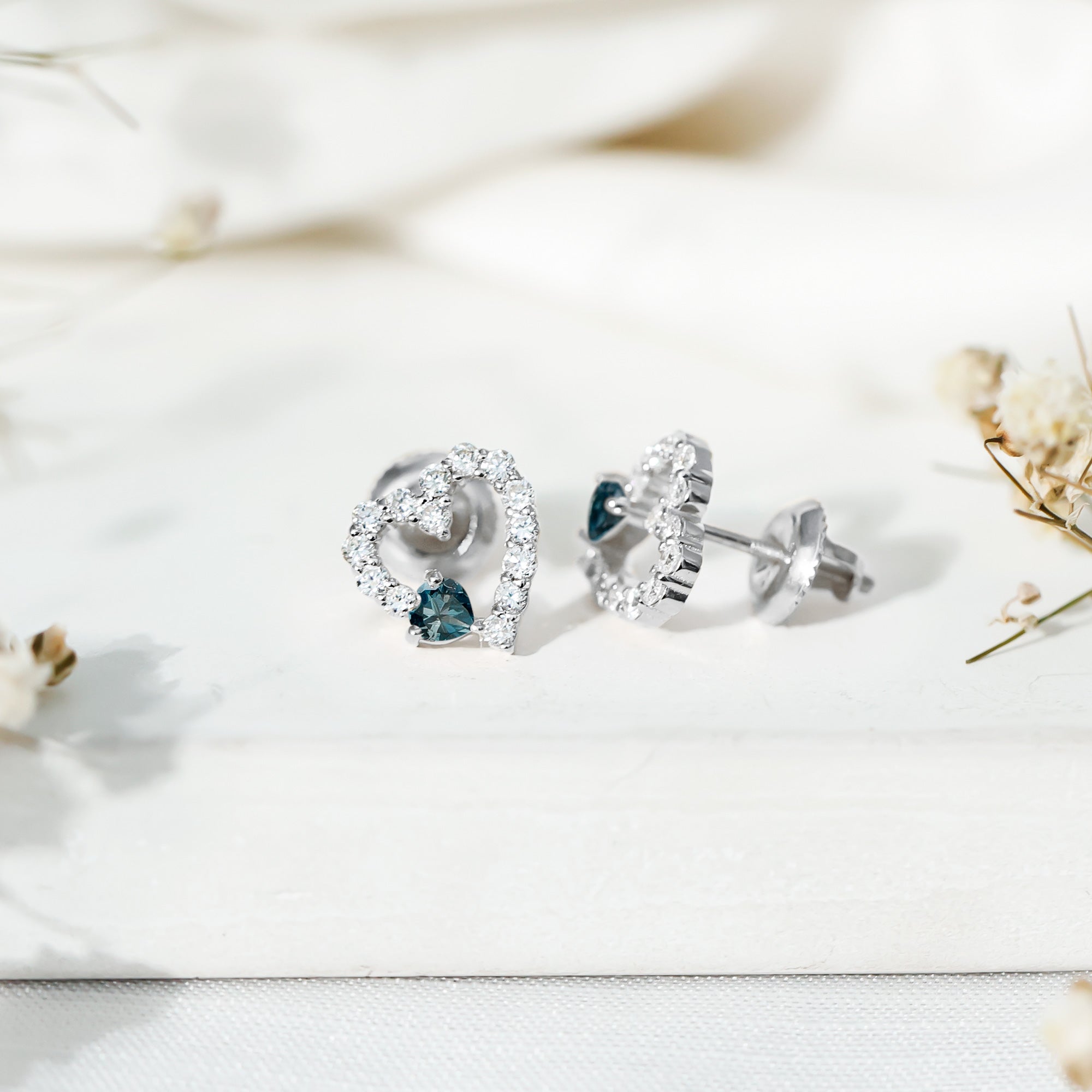 Certified London Blue Topaz and Diamond Heart Stud Earrings AAA 92.5 Sterling Silver - Rosec Jewels