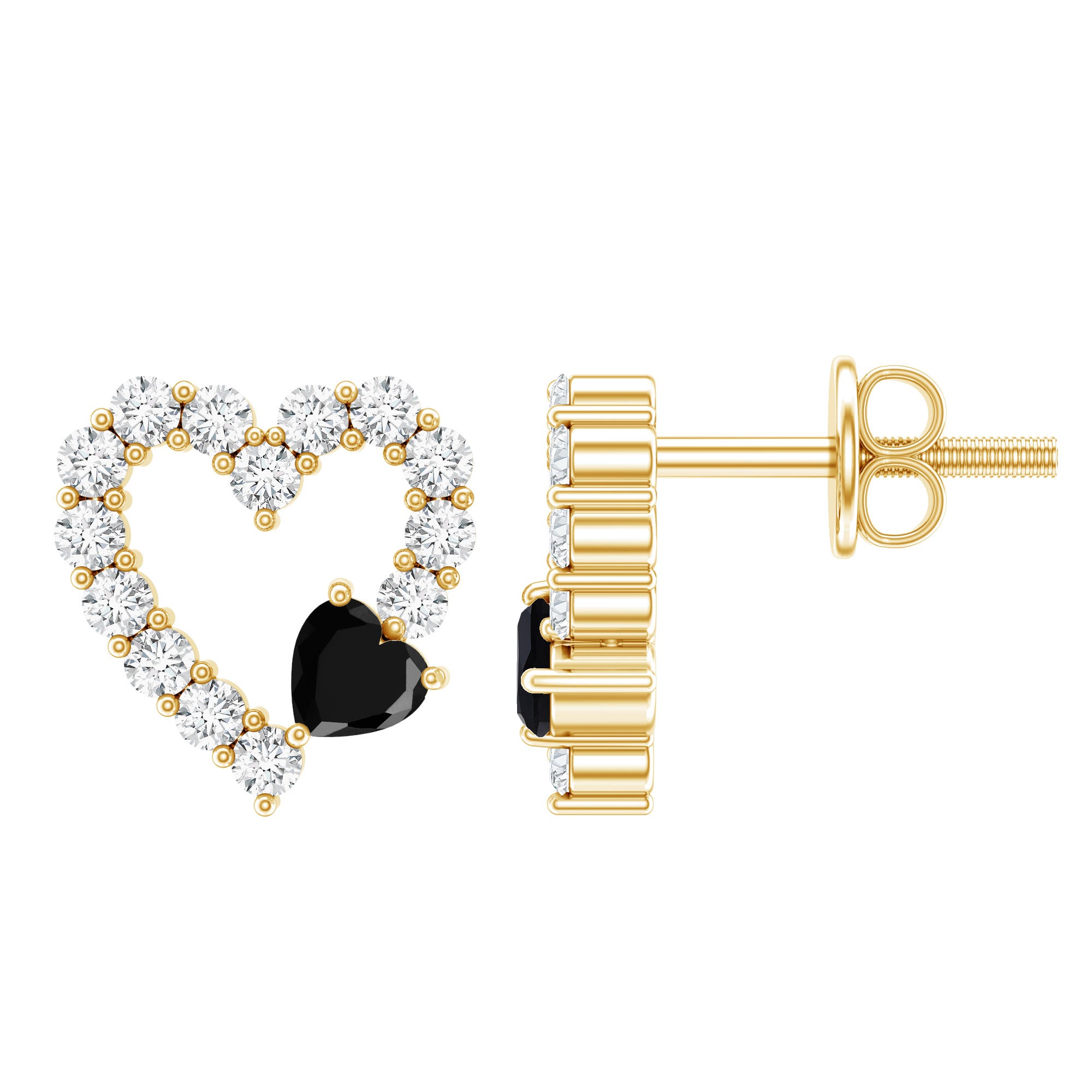 Lab Created Black and White Diamond Heart Stud Earrings in Silver AAAA ( Synthetic ) 14K Yellow Gold Plated Silver - Rosec Jewels