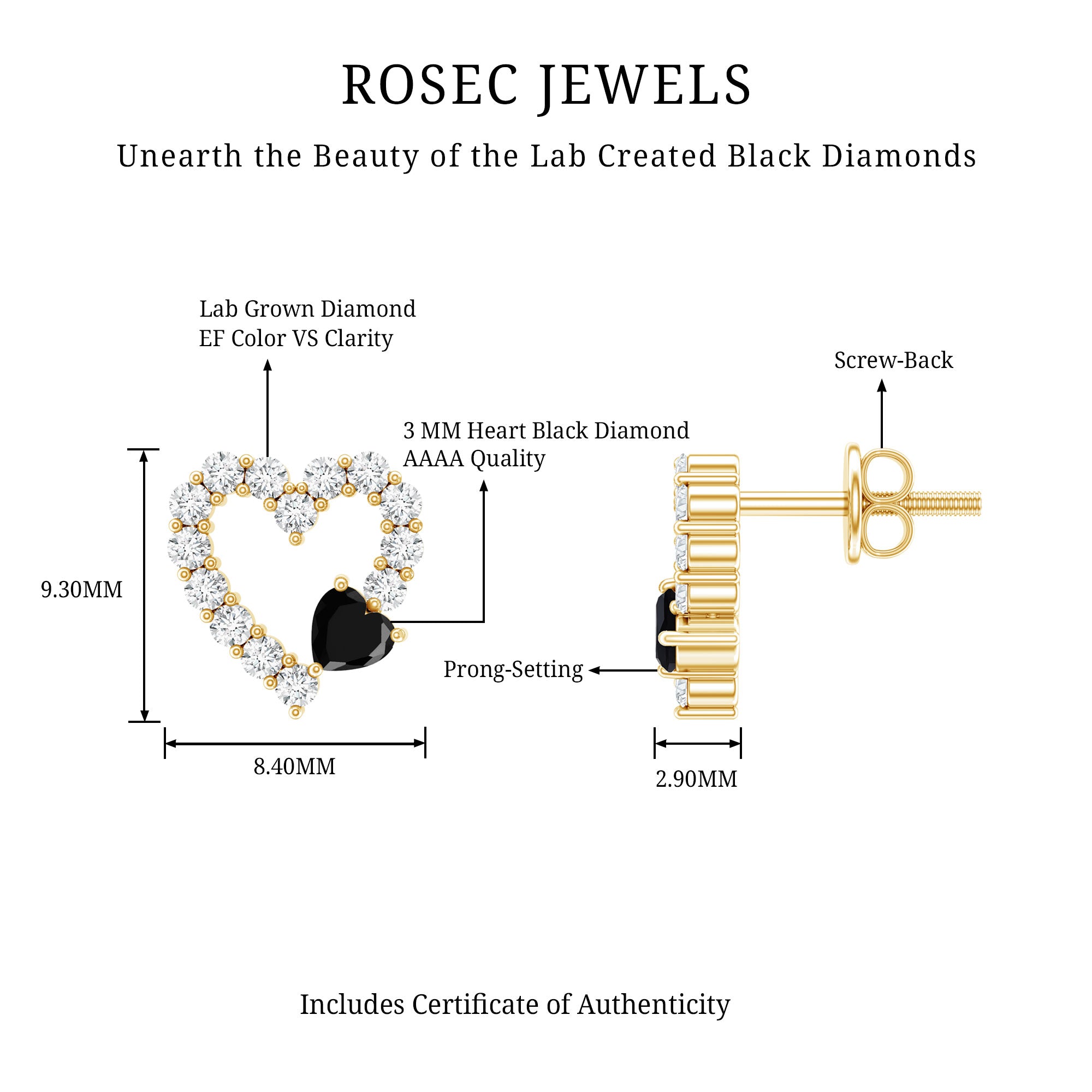 Lab Created Black and White Diamond Heart Stud Earrings in Silver AAAA ( Synthetic ) 14K Yellow Gold Plated Silver - Rosec Jewels