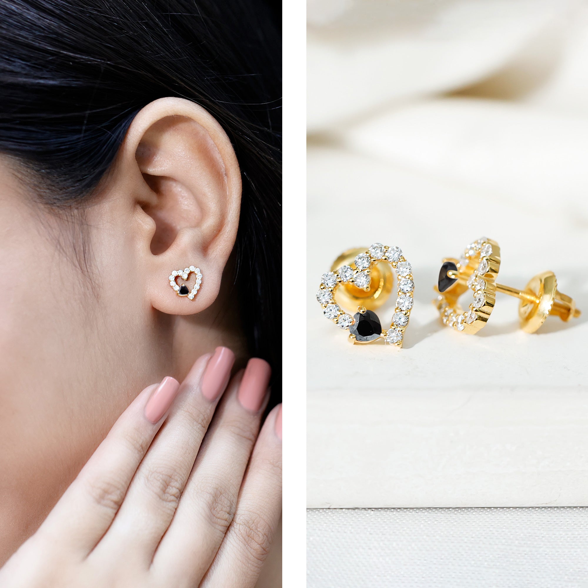 Lab Created Black and White Diamond Heart Stud Earrings in Silver AAAA ( Synthetic ) 14K Yellow Gold Plated Silver - Rosec Jewels