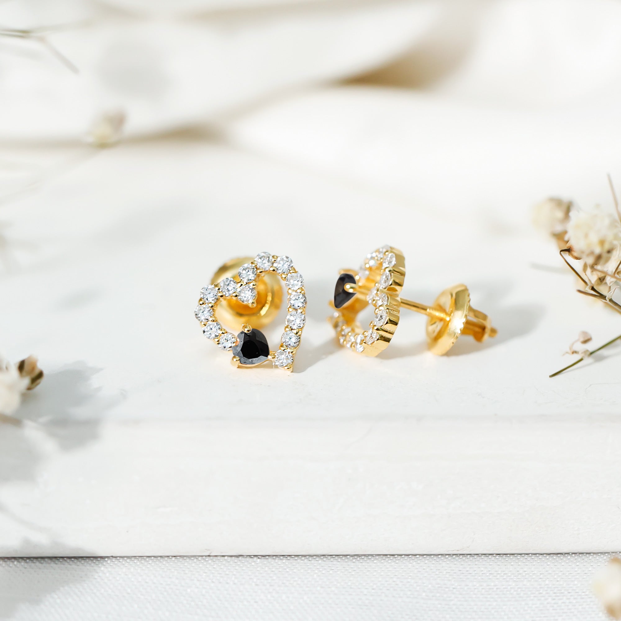 Lab Created Black and White Diamond Heart Stud Earrings in Silver AAAA ( Synthetic ) 14K Yellow Gold Plated Silver - Rosec Jewels