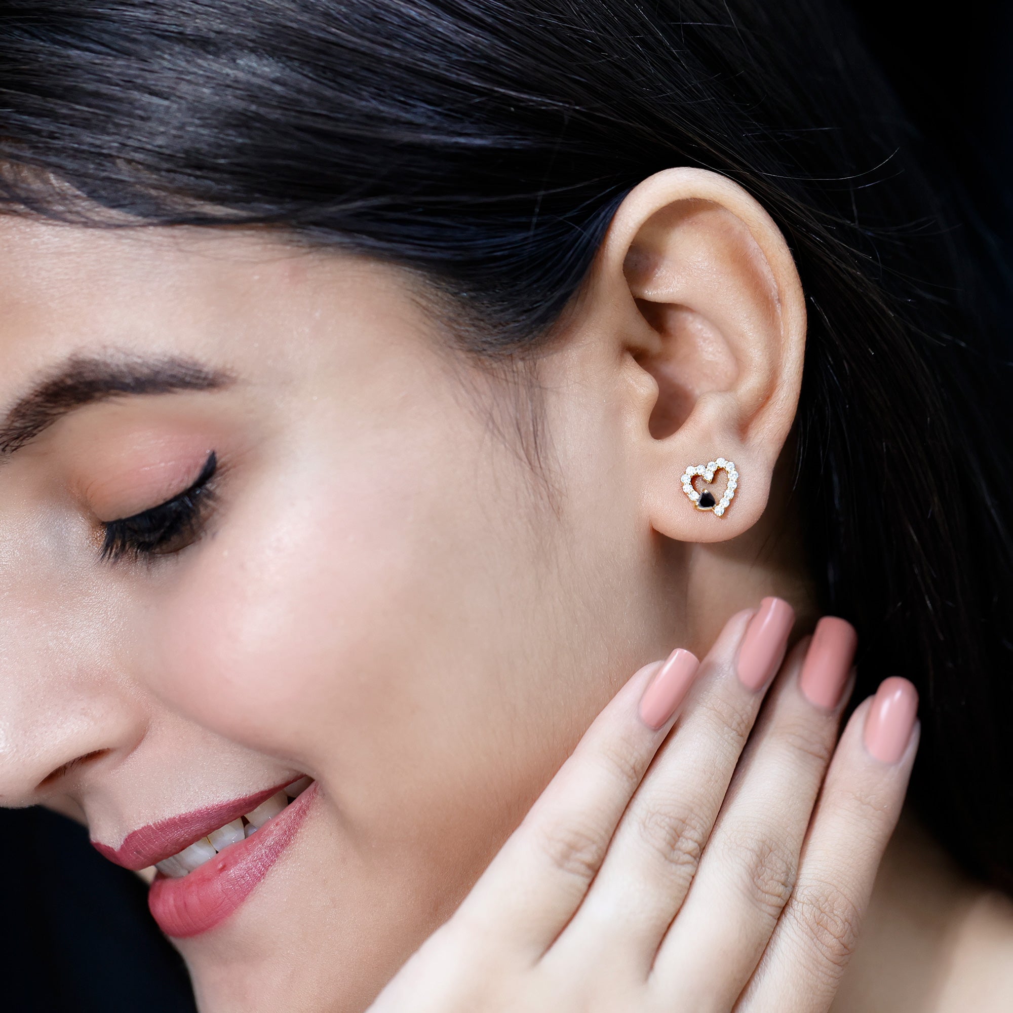 Lab Created Black and White Diamond Heart Stud Earrings in Silver AAAA ( Synthetic ) 14K Yellow Gold Plated Silver - Rosec Jewels