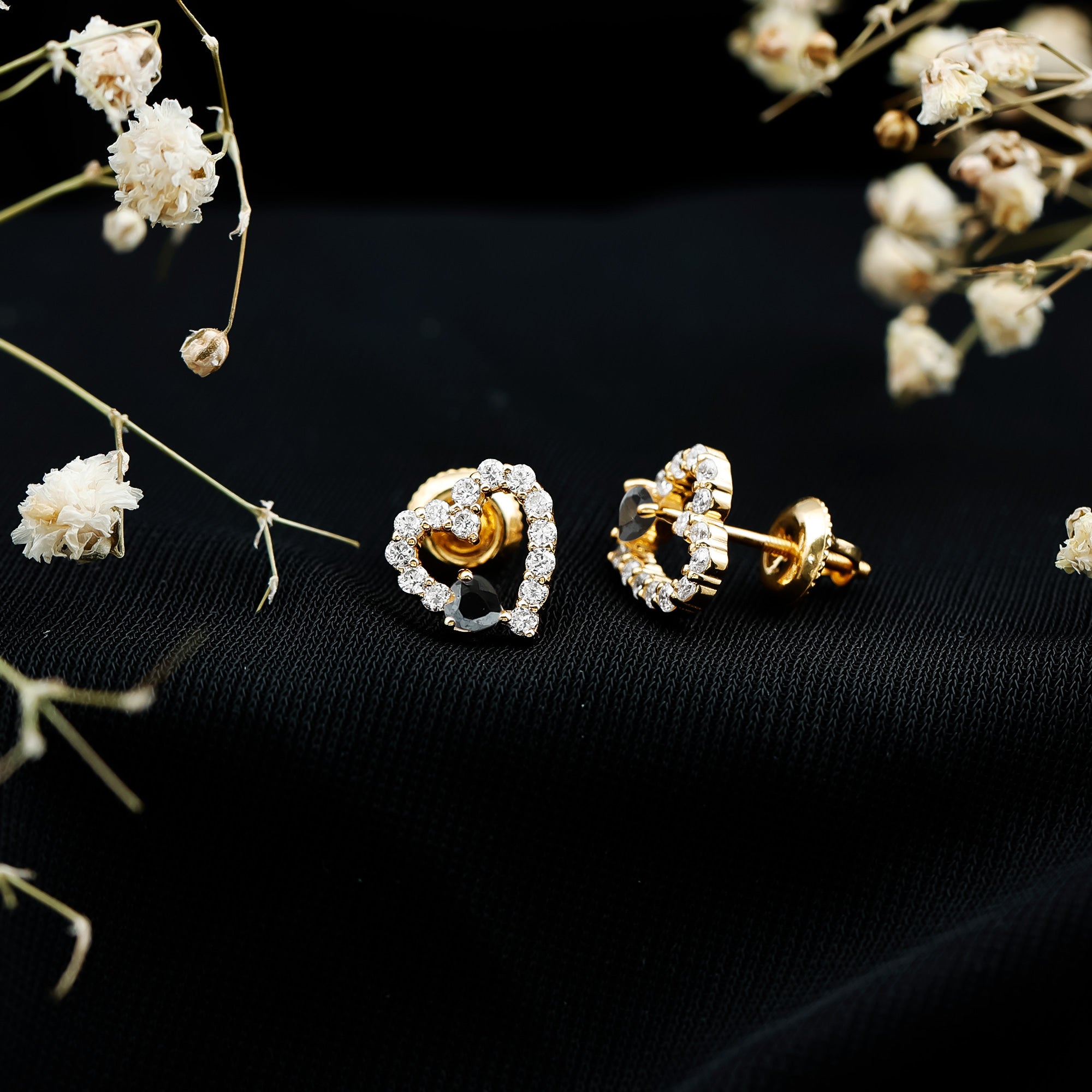 Lab Created Black and White Diamond Heart Stud Earrings in Silver AAAA ( Synthetic ) 14K Yellow Gold Plated Silver - Rosec Jewels