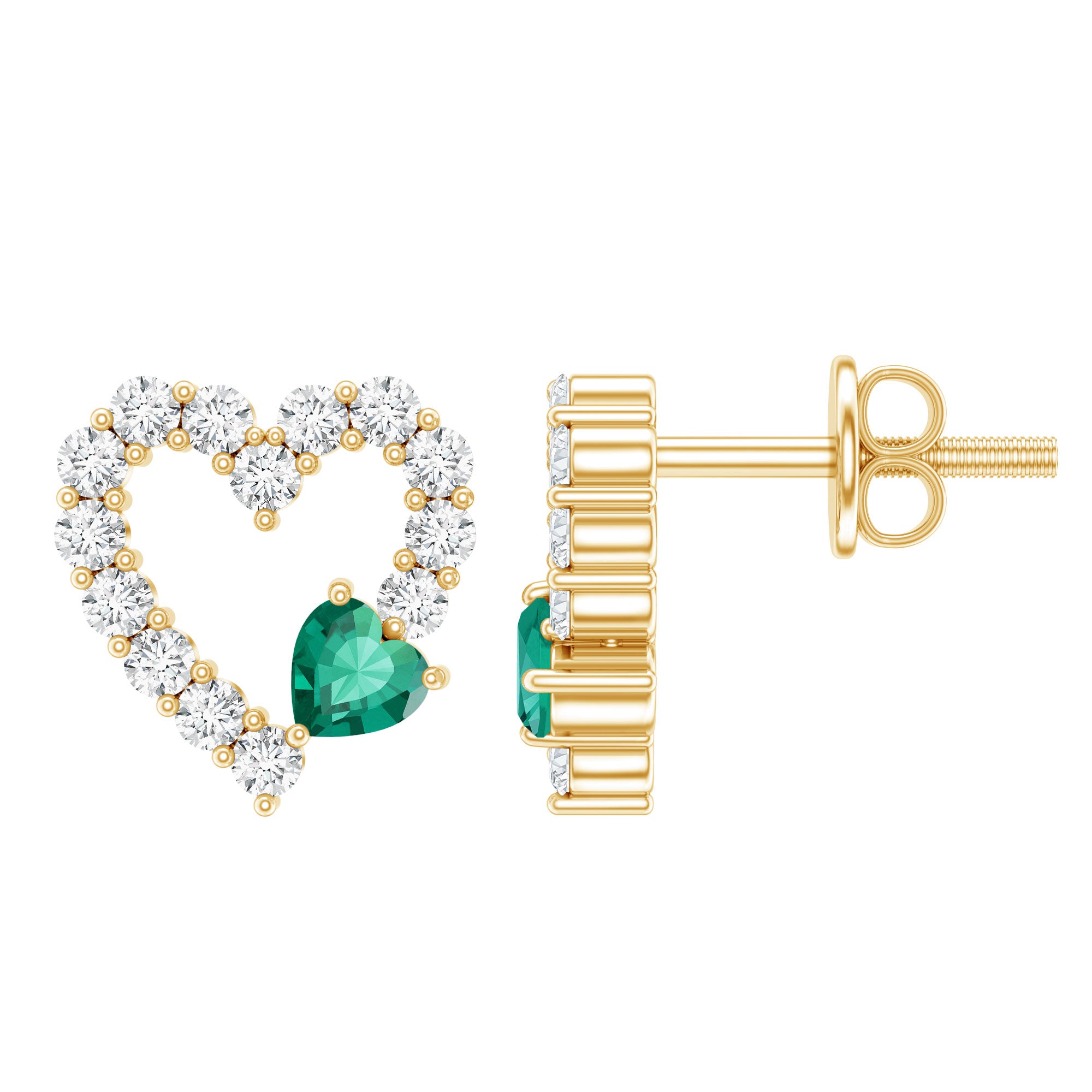 Lab Grown Emerald and Diamond Heart Stud Earrings in Yellow Gold Plated Silver AAAA 14K Yellow Gold Plated Silver - Rosec Jewels