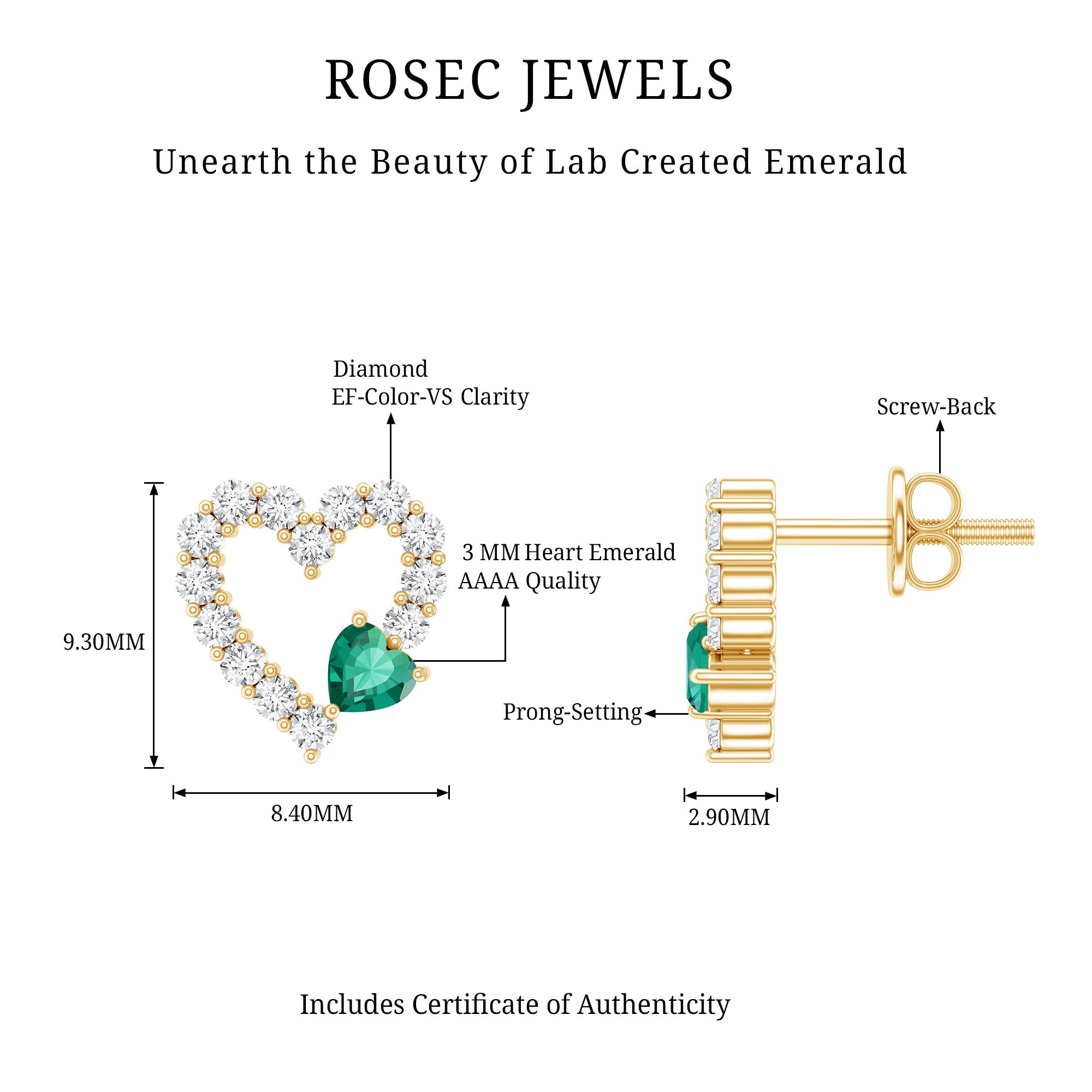 Lab Grown Emerald and Diamond Heart Stud Earrings in Yellow Gold Plated Silver AAAA 14K Yellow Gold Plated Silver - Rosec Jewels